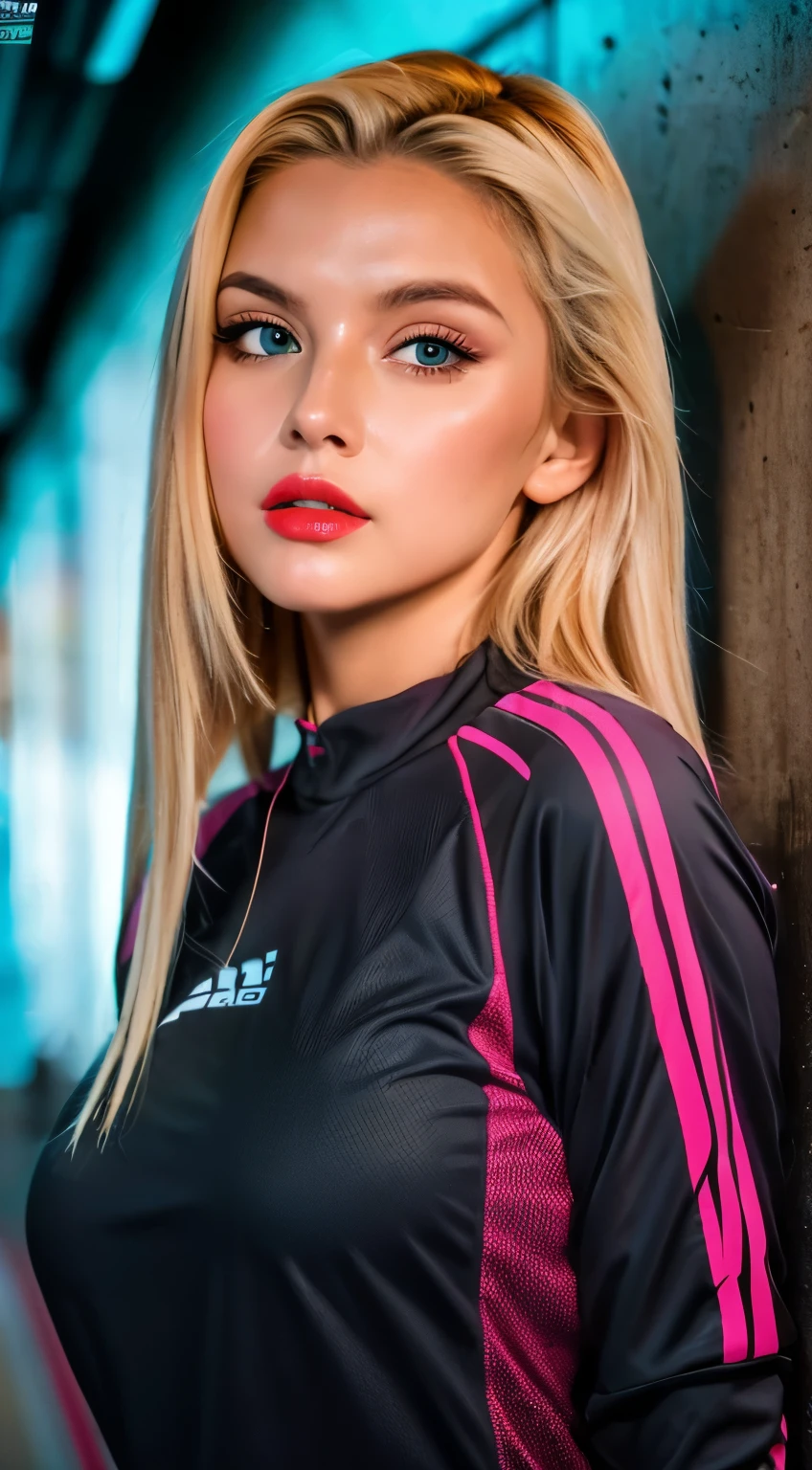 white and pink running wear, long sleeves, big breasts