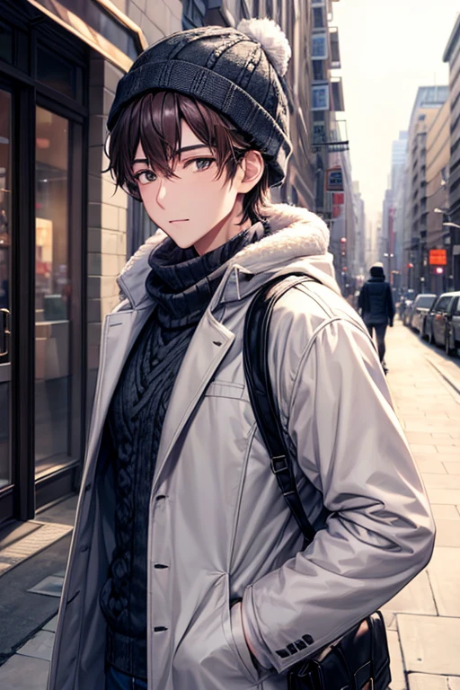 Handsome man walking in the city、Cold day、with short brown hair,Lunette de soleil、knit hat、Black down jacket、White denim、long-sleeve、hight resolution、In 8K、sharp focus、zoomed、At the highest image quality