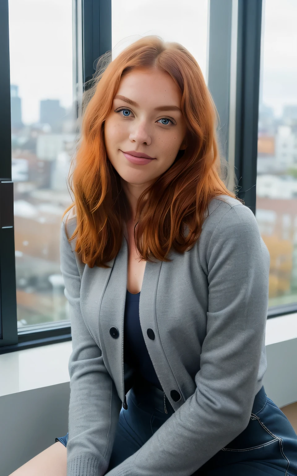 (1girl in, age23, Solo, Aesthetic artwork, irish redhead, wavy ginger hair, shoulder length ginger hair, hazel green eyes, some small freckles, smiling, pale skin, B-cup, medium breasts, runners body, (textured skin, skin pores:1.1), (moles:0.8), imperfect skin, goosebumps, wearing dark gray open fall jacket, wearing navy blue leggings, in a spacious modern office, blury background, (action shot, sitting at a modern office window: 1.25), (extremely detailed 8k wallpaper), (hard lighting), high quality, film grain, Fujifilm XT3 sharp focus, f 5.6, 50mm, High Detail, Sharp focus, (natural light), crazy details, complex details, hyperdetailed