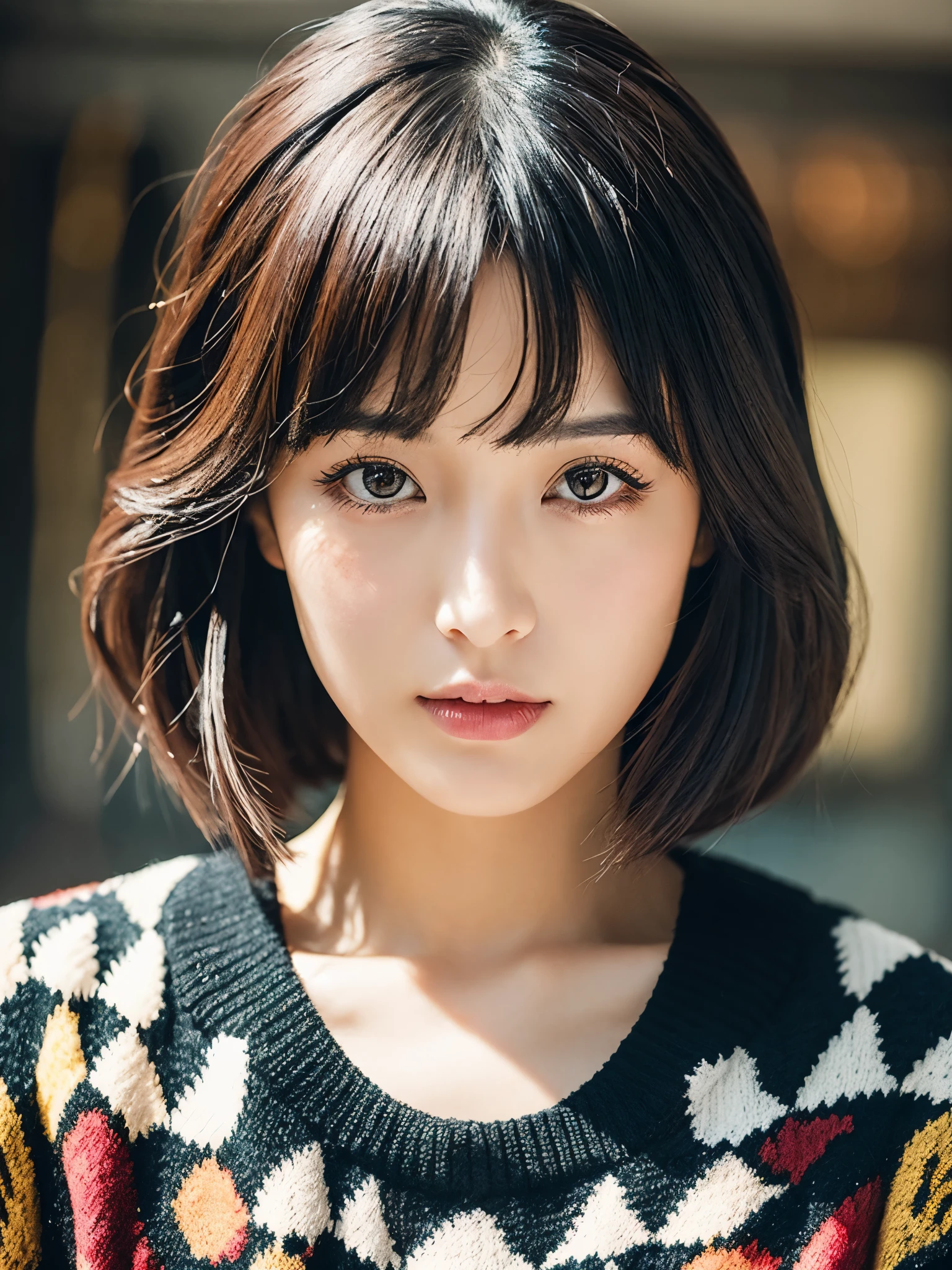 beautiful woman、Photoreal、black bob hair、make - up、gross、spring sweater、vintage study