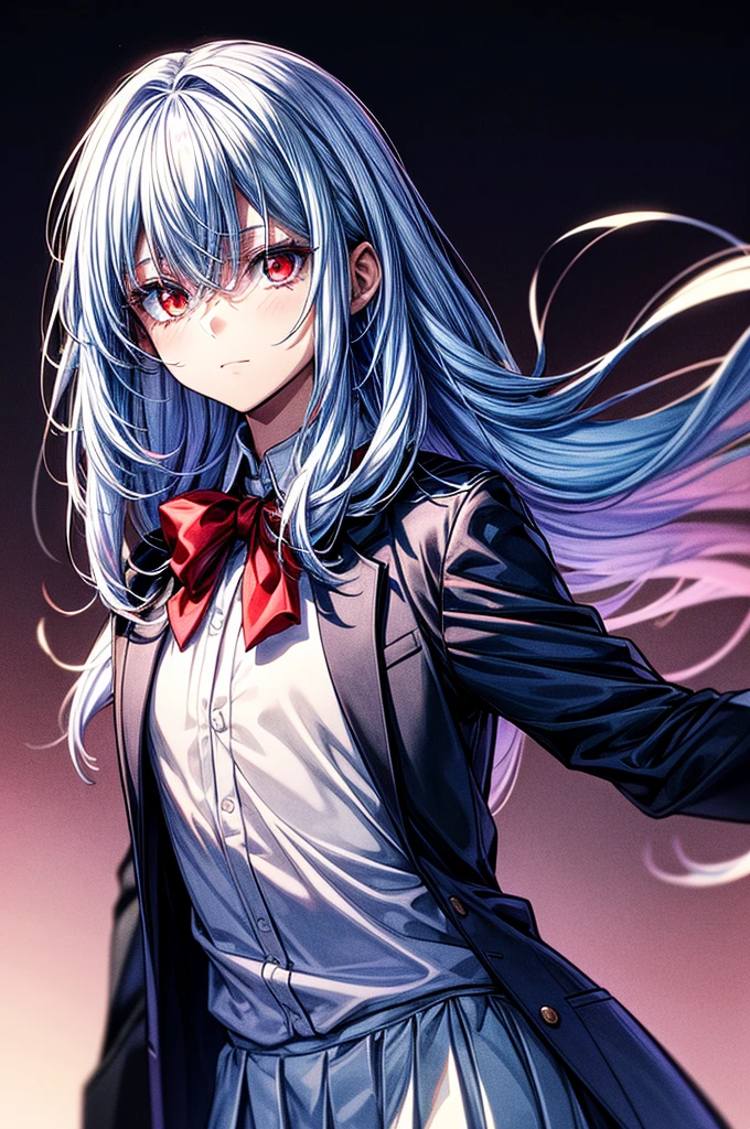((masterpiece)) best quality, 8k, high quality, high resolution, super detailed, ultra-detailed, photorealistic, beautiful and finely detailed face and eyes, ultra-detailed and detailed skin texture, masterpiece, best quality shadows, clean lines, realistic looks, best generation, smooth color transitions,life-like portrayal, young woman with Silver-white hair, red eyes, with a formal blouse or shirt, crafted in hues of blue and white, grey blazer, white and blue skirt, blood Red eyes, beautiful straight white hair, human, straight hair, not embarrassed, cold look, full body, female human, red eyes, white hair, straight hair, Academy uniform, school setting, tassel embroidered blouse