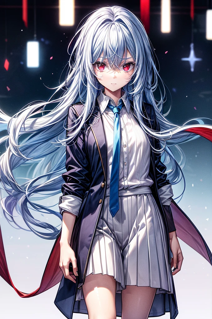 ((masterpiece)) best quality, 8k, high quality, high resolution, super detailed, ultra-detailed, photorealistic, beautiful and finely detailed face and eyes, ultra-detailed and detailed skin texture, masterpiece, best quality shadows, clean lines, realistic looks, best generation, smooth color transitions,life-like portrayal, young woman with Silver-white hair, red eyes, with a formal blouse or shirt, crafted in hues of blue and white, grey blazer, white and blue skirt, blood Red eyes, beautiful straight white hair, human, straight hair, not embarrassed, cold look, full body, female human, red eyes, white hair, straight hair, Academy uniform, school setting, tassel embroidered blouse 
