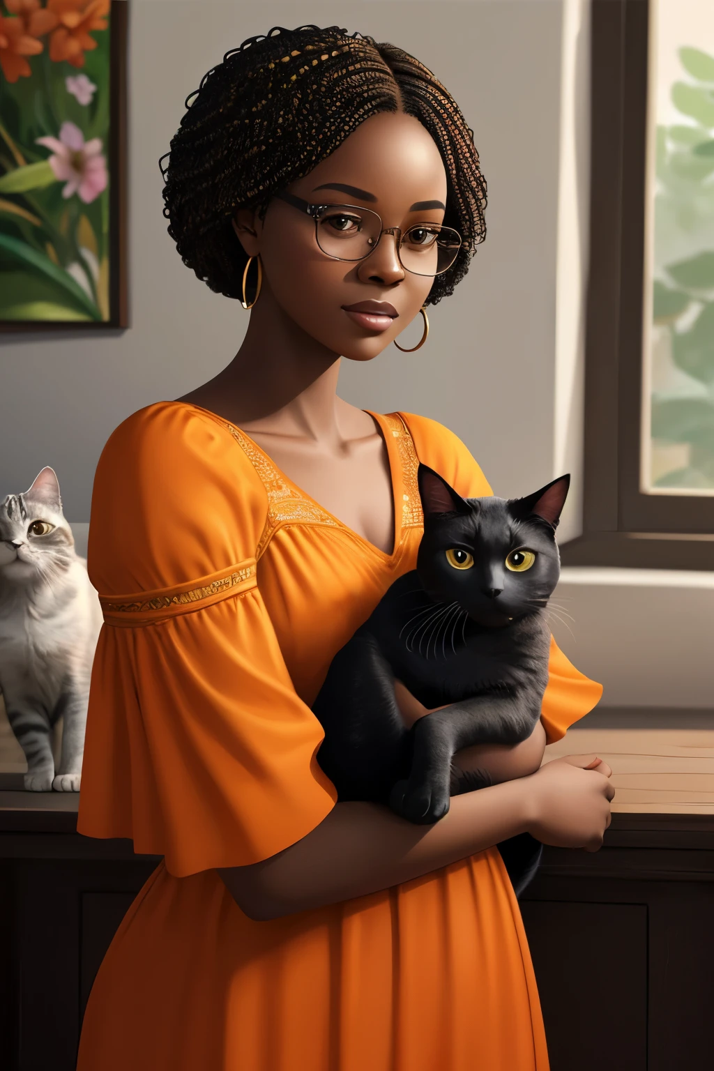 african girl, Digital painting of a girl and a cat, Portrait of Chinwe Chukwuogo-Roy, CG Society Competition Winners, Africa's future, 2D game art, Art Station HD, Storybook illustration. With orange dress, wearing glasses, 3D images