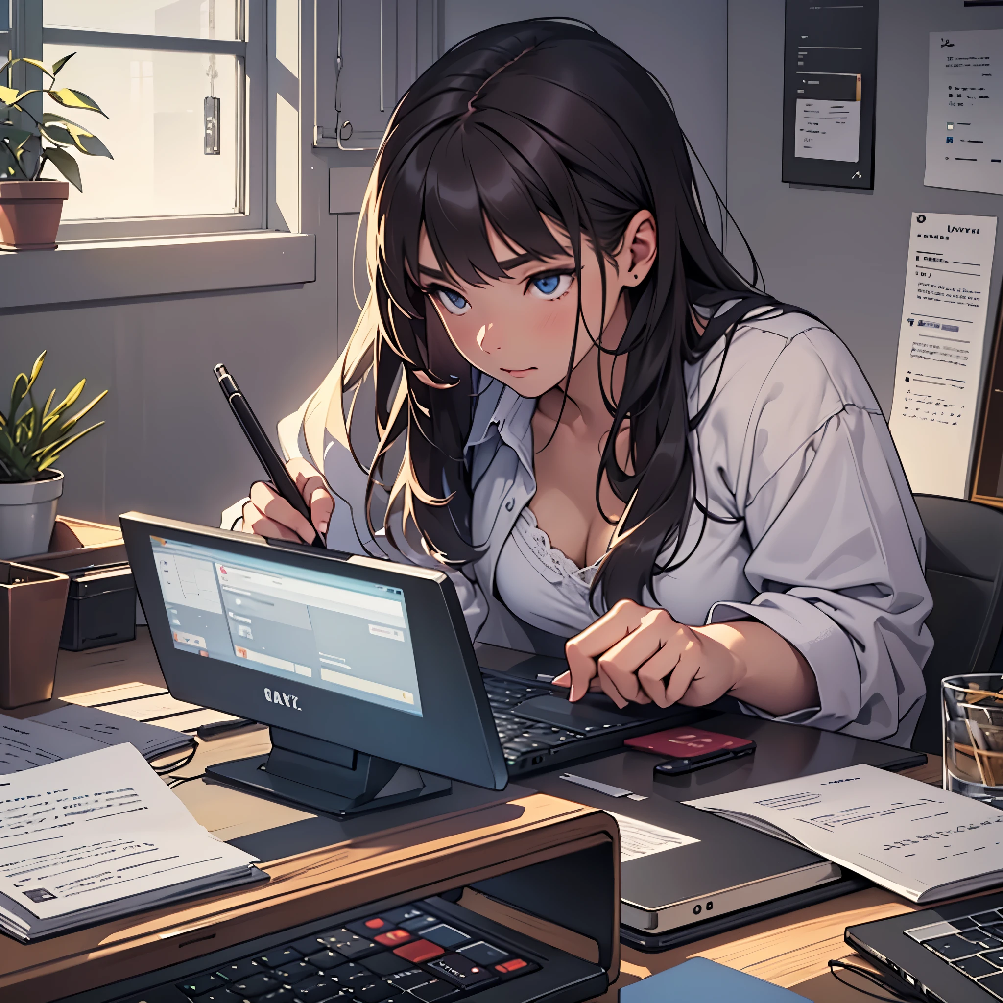 in the description, You can visualize a young woman sitting in front of a computer, focus on writing. she is concentrating on her work, as her eyes fix the screen in front of him、Nimble fingers moving across the keyboard. the environment is quiet, Appropriate lighting and an environment that makes it easy to concentrate.