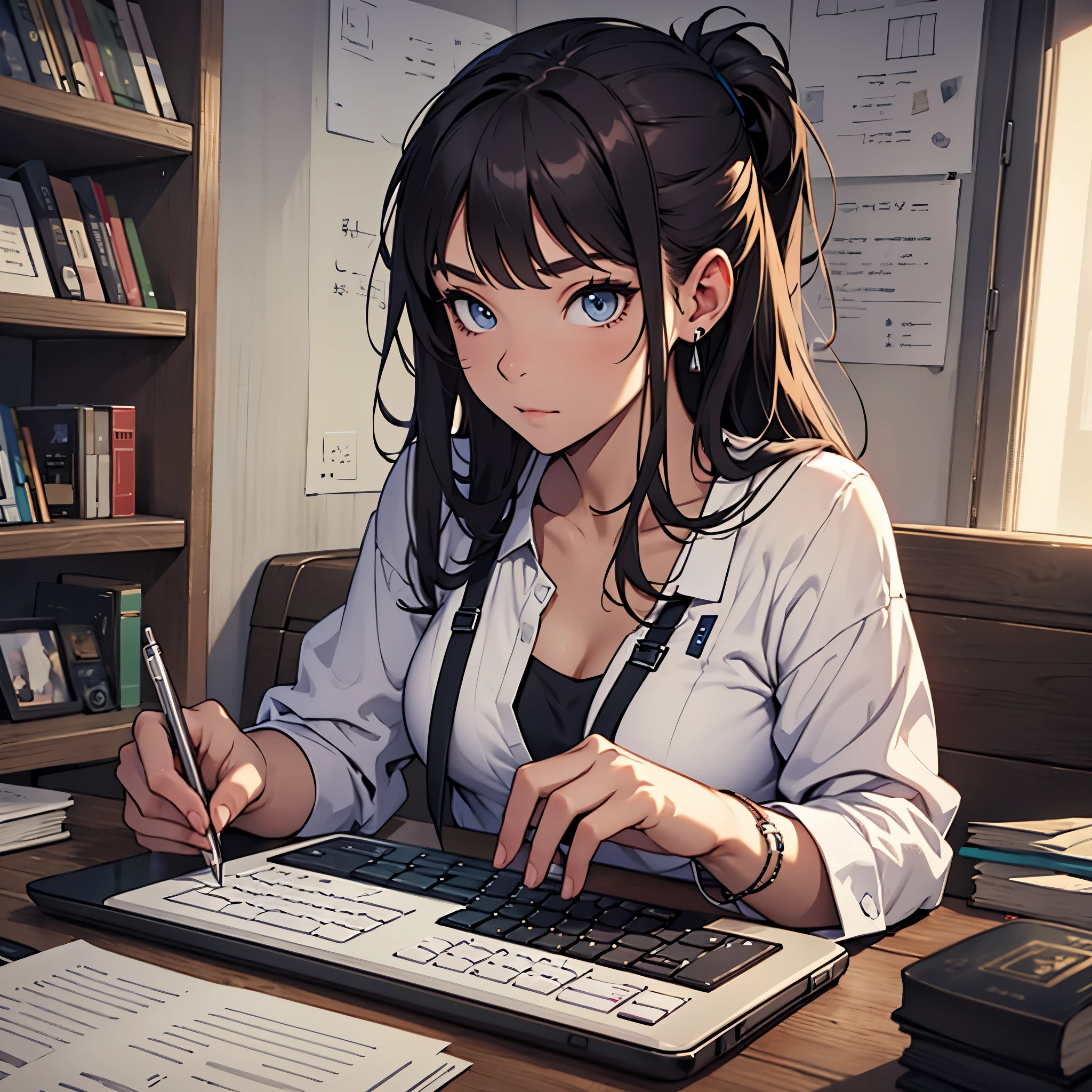 in the description, You can visualize a young woman sitting in front of a computer, focus on writing. she is concentrating on her work, as her eyes fix the screen in front of him、Nimble fingers moving across the keyboard. the environment is quiet, Appropriate lighting and an environment that makes it easy to concentrate.  
