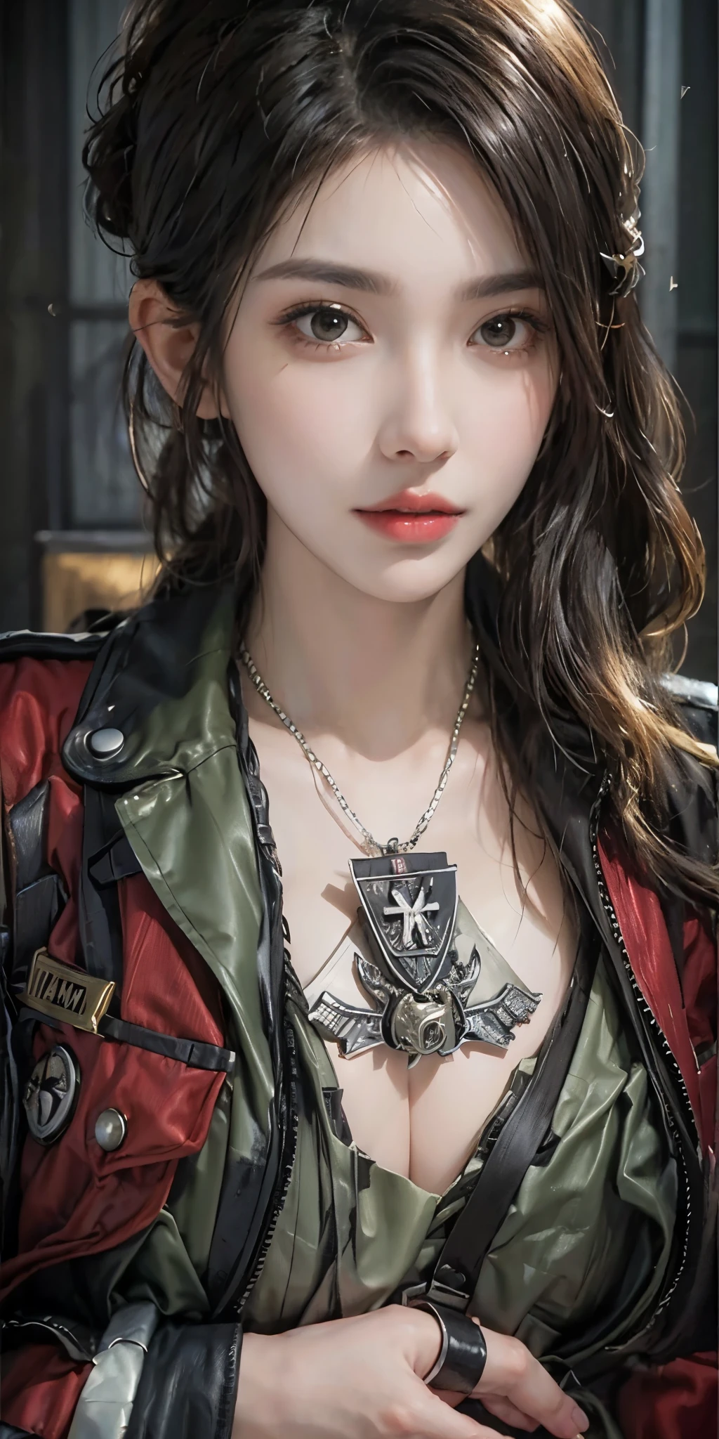 Photorealistic, high resolution, soft light,1 female, solo, hip up, (Detailed face), Jewelry is, Badge, tiese, German/(army suit/), pencil skirts