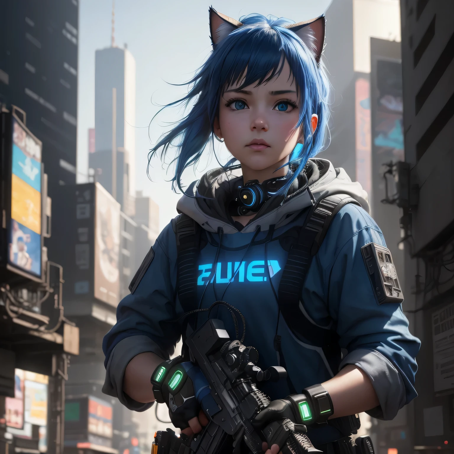 (8k, HDR, RAW photo, best quality, masterpiece:1.2, realistic lighting), Overhead view, dynamic angle, a girl, , solo, holding a gun, long hair, blue hair, path traced hair, (blue cat ears), blue eyes, nice hands, babyface, beauty eyes, (cyberpunk:1.3), blue mecha armor, mechanical shoulder, neon light, edge lights, look up, upper body.