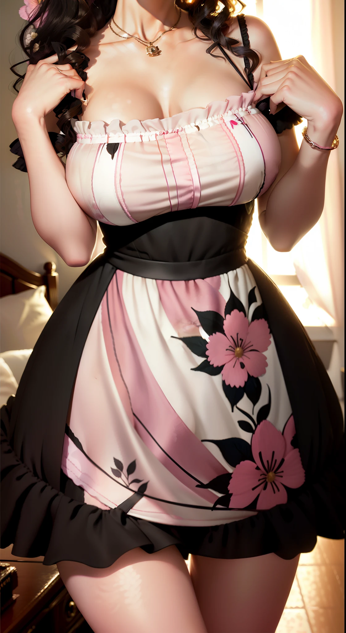 Woman((20year old)), hair((black, wavy, long)), eyes ((small eyes, black eyes)), clothes((nightgown, bandeau, floral, pink)), accessories ((earrings, necklace)), gigantic breast, big boobs, smiling, bedroom, soft light,