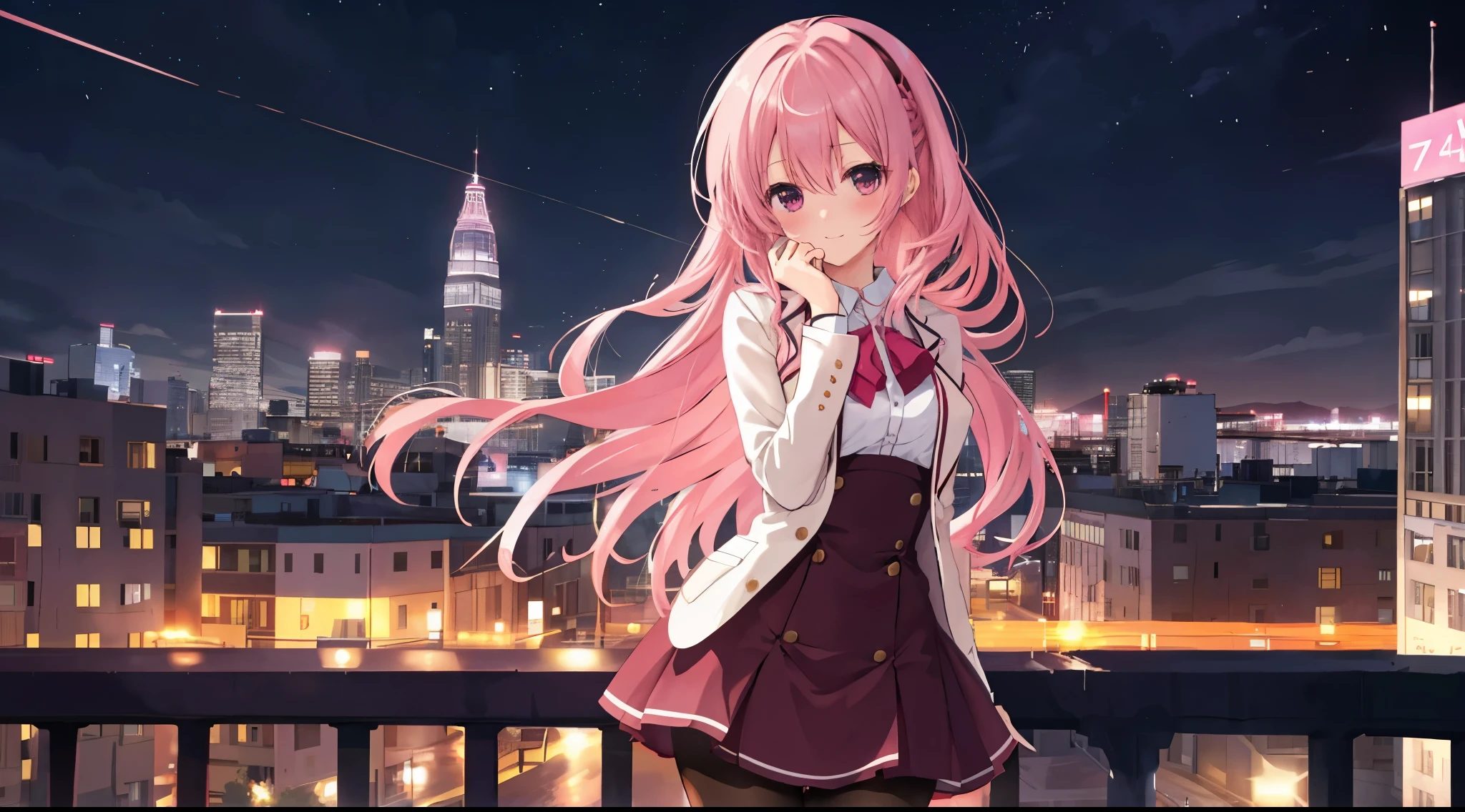 a girl，solo,The city at night，is shy，Be red in the face，civvielack pantyhoses，170cm height，45CM bust，gentleness，ssmile，In the bedroom，night city background，Mitsukasa Ayase，pink hair，long hair，No hair accessories，7 positions