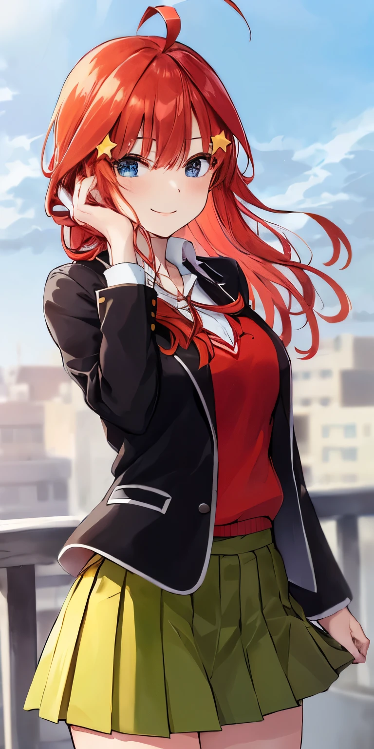 Satsuki Nakano, Itsuki Nakano, 2D, masterpiece, highest quality, animesque, ighly detailed, 1girl in, solo, face focus, Masaki Nakano, red hair, length hair, star hair ornament, Ahoge, school uniform, (white shirt:1.3), (light green pleated skirt:1.3), (red sweater:1.3), (black blazer:1.3), (hairpin:1.2), middle breast, is standing, outdoor, A smile, The wind is blowing, keep hair in check, School rooftop