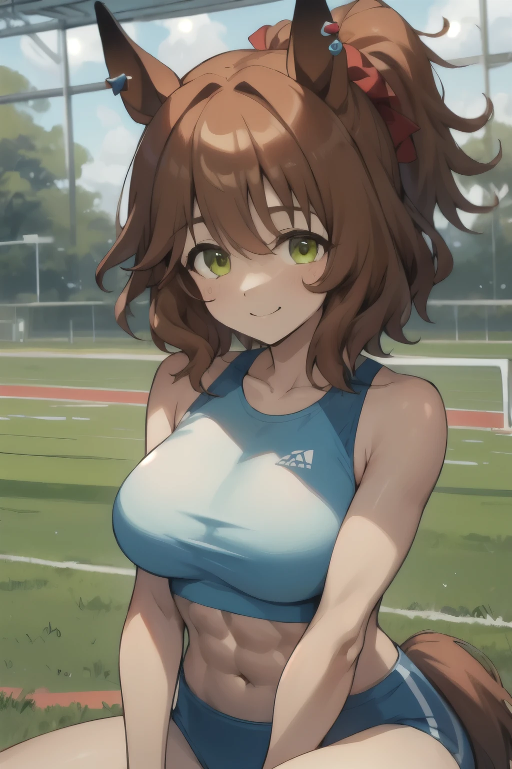 aston machan\(umamusume\), masterpiece, best quality, ((ultra-detailed face)), symmetrical face, beautiful face, muscle, slender, abs, sports bra, horse tail, smile, athletics track, large tits, hand between legs