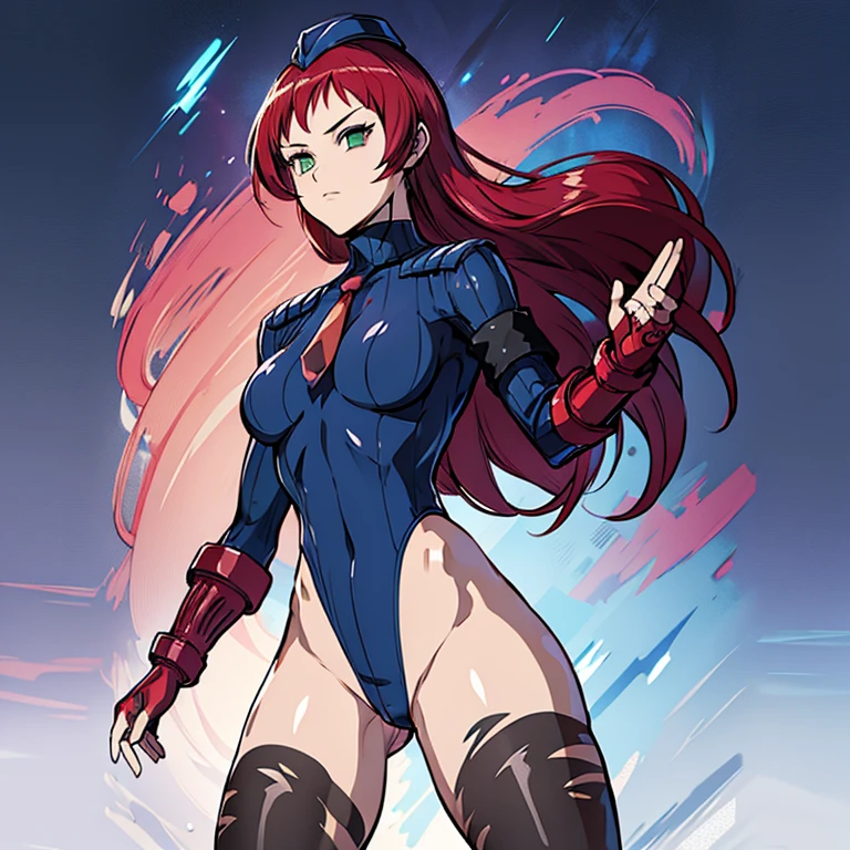 ultra-detailed, Explicit, Beautiful body, Beautiful Nose, Beautiful character design, perfect eyes, perfect face, ultra highres, 4K, beautiful legs, perfect legs, Nice hands, Perfect hand, Masterpiece, Best Quality, Highly detailed, illustration, absurdres, street fighter, doll suit, shadaloo doll, dollsuit, expressionless, blank eyes, looking at viewer, red gloves, emotionless, black latex, corrution, mind control, female combatant, full body, hypnotized, unhappy trance, full body suit, ribbed bodysuit, both arms at side, obey, perfect female body, extremely glossy latex, hypnosis, hypnoLora, empty eyes, Mind control device, poses, submissive_pose, Slave, hat, necktie, Standing up straight, Standing, Standing at attention, hat, necktie, belt, latex, ribbed bodysuit, thighhighs, garter belt, Fighting Stance, extending the right arm from the shoulder into the air with a straightened hand, military, thigh boots, solo, 1girl, Yusa Emi, Hataraku Maou-sama, Red hair, green eyes, long hair