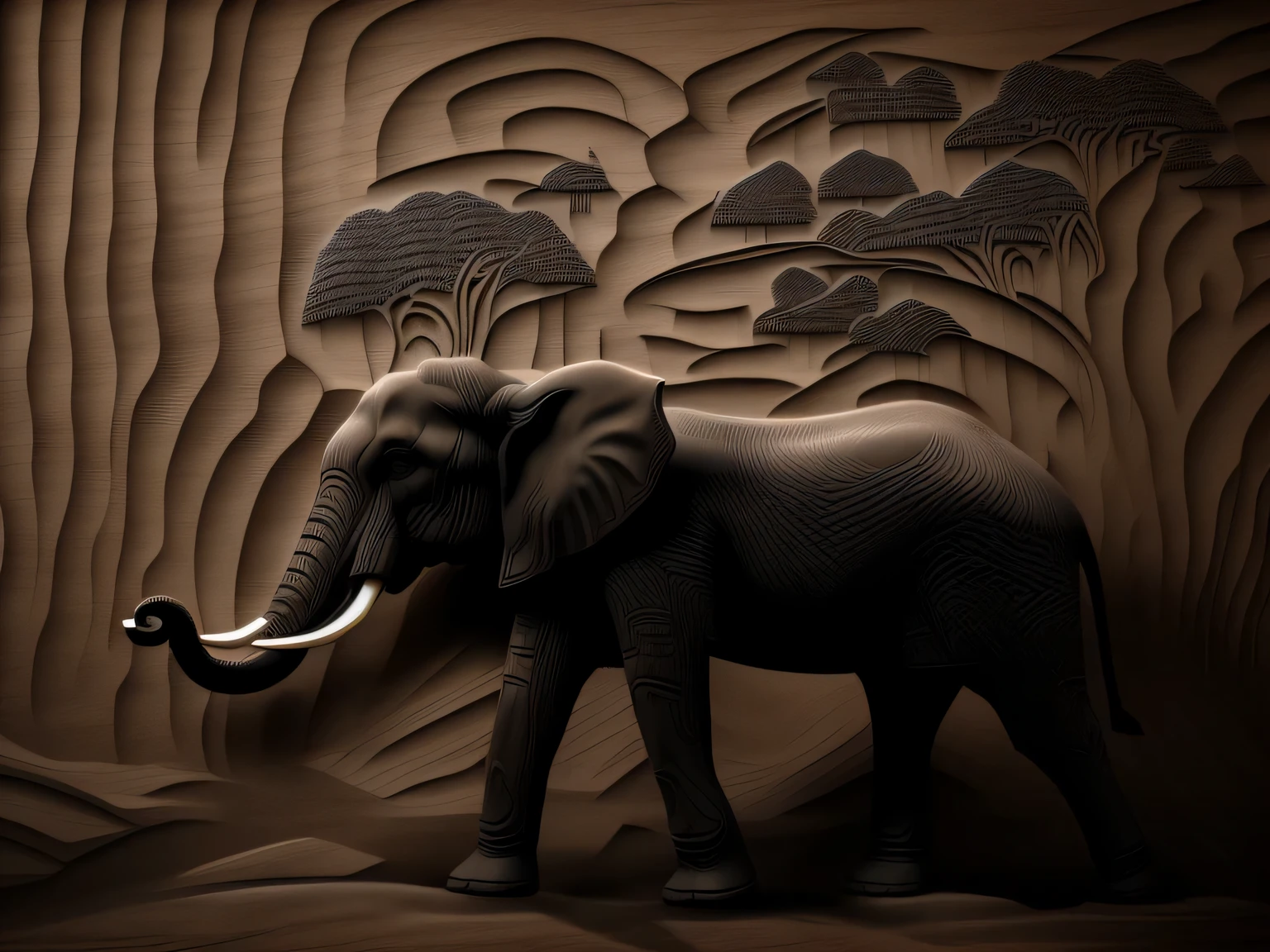 Wooden carved board with deep carved relief, wooden texture, greyscale without colors, depth map, 2 d relief, African ornate, elephant half figure on the hills, under the tree, wooden artwork