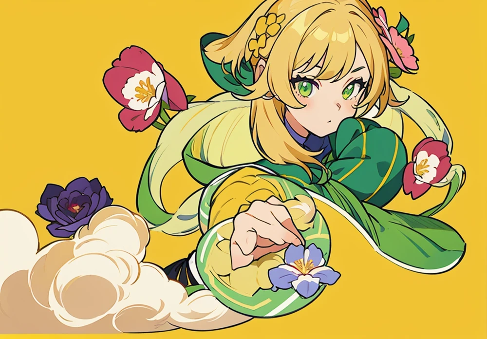 Anime drawing of a woman, puts a cell phone to his ear, clean anime outlines, anime pose, author Naka Bokunen, ideal linear, in a flower, tsyetnoy, yellow background