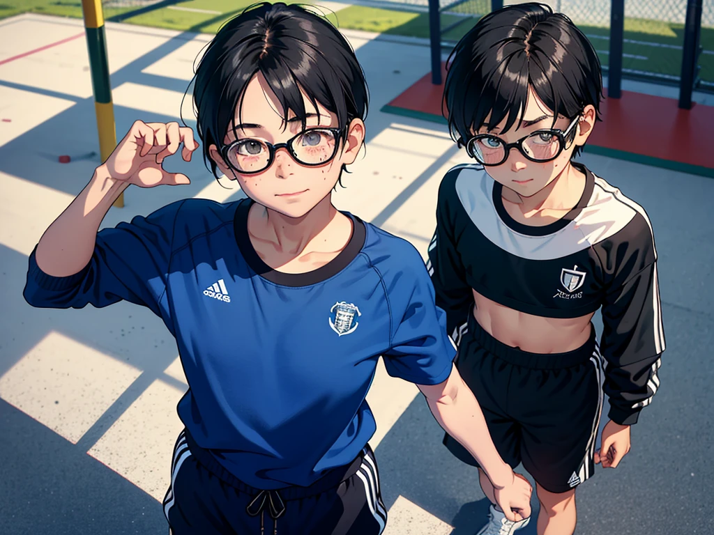 Best quality at best, masterpiece, Top-down view, 1boy, trap, otoko no ko, androgynous, , child, witht black hair, large breasts, looking at viewer, smile, track suit, jogging, Off-the-shoulder attire, perspire, scowling, sweat, shorts, Sports bra, Bust photo, sportrait, School playground, blushing, glasses, desktop wallpaper, highly detailed, freckles, small hips, large bulge, muscle arms, pervert, petite, penis, testicles