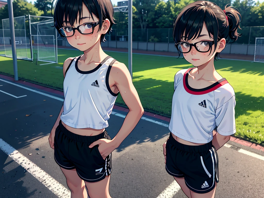 Best quality at best, masterpiece, Top-down view, 1boy, trap, otoko no ko, androgynous, 10years old, child, with short black hair, large breasts, looking at viewer, smile, track suit, jogging, Off-the-shoulder attire, perspire, scowling, sweat, shorts, Sports bra, Bust photo, sportrait, School playground, blushing, glasses, desktop wallpaper, highly detailed, freckles, small hips, large bulge, muscle arms, pervert, petite, penis, testicles