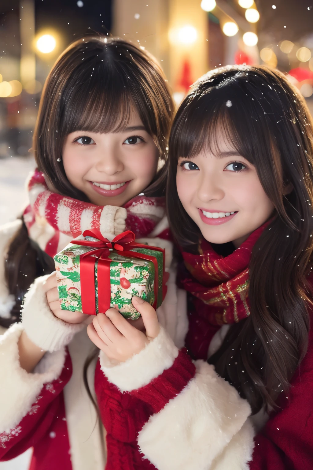 (best quality,Photorealistic,hight resolution),2girls,beautiful detailed eyes,Beautiful detailed lips,a smile,laughing,Cute,Christmas Eve,Feel happy,having fun,Winters,Joyful,excited,Twinkling lights,Decorated Christmas Tree,clew,cosy atmosphere,Warm fireplace,magical moments,sparkling stars,Glowing candles,it&#39;s snowing,ground covered with soft snow,colorful holiday decorations,red and green colors,Elegant dresses,Fluffy scarves,Feel happy memories,cherish sisterhood,love and laughter、-yeld sirs、a baby face、Looking at the camera、Present Box、