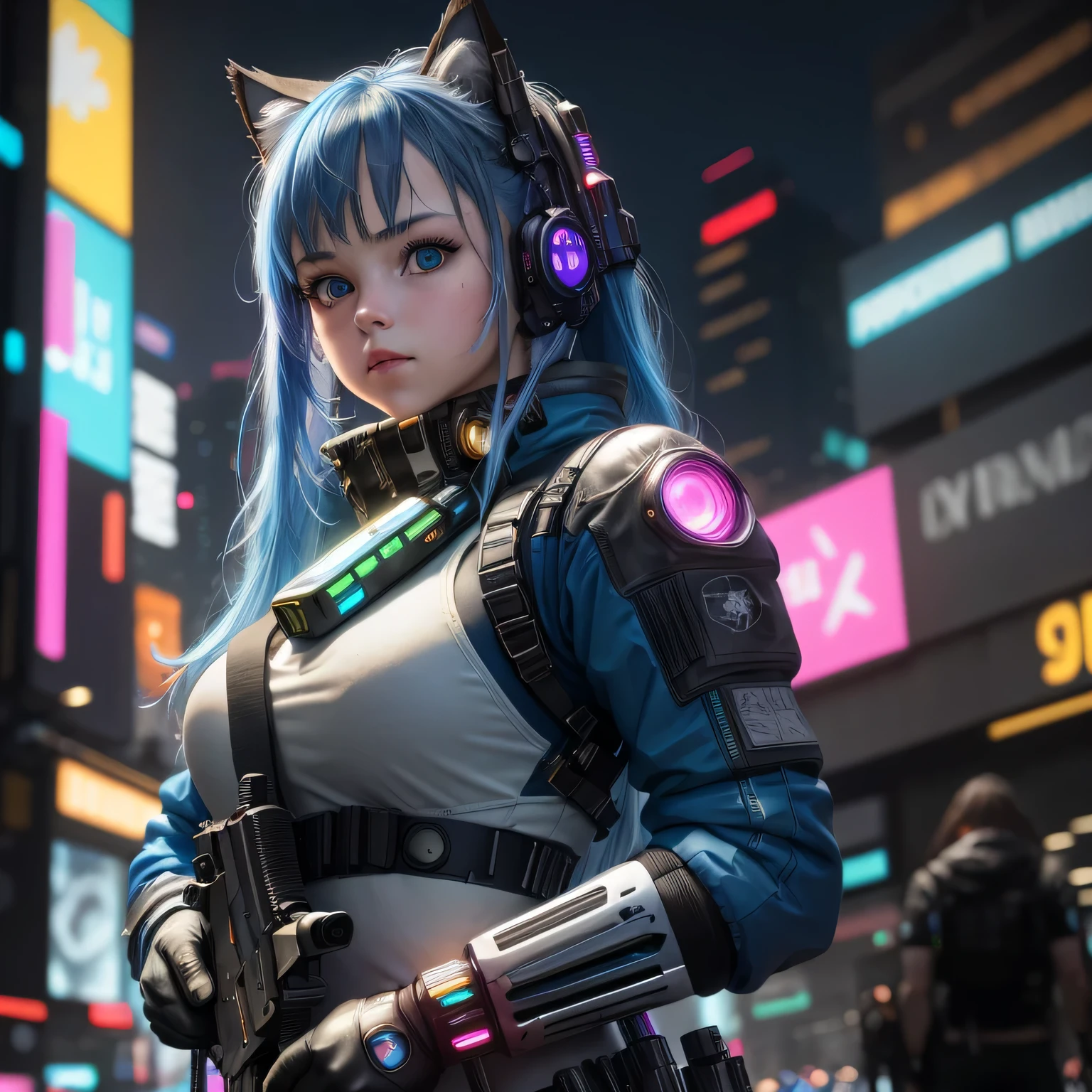 (8k, HDR, RAW photo, best quality, masterpiece:1.2, realistic lighting), Wide Angle Shot, a girl, child, solo, holding a gun, long hair, blue hair, path traced hair, (blue cat ears), blue eyes, nice hands, babyface, beauty eyes, (cyberpunk:1.3), blue mecha armor, mechanical shoulder, neon light, edge lights, look up, upper body.