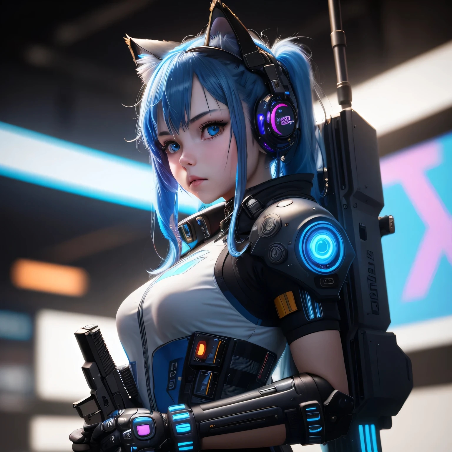 (8k, HDR, RAW photo, best quality, masterpiece:1.2, realistic lighting), Wide Angle Shot, a girl, , solo, holding a gun, long hair, blue hair, path traced hair, (blue cat ears), blue eyes, nice hands, babyface, beauty eyes, (cyberpunk:1.3), blue mecha armor, mechanical shoulder, neon light, edge lights, look up, upper body.