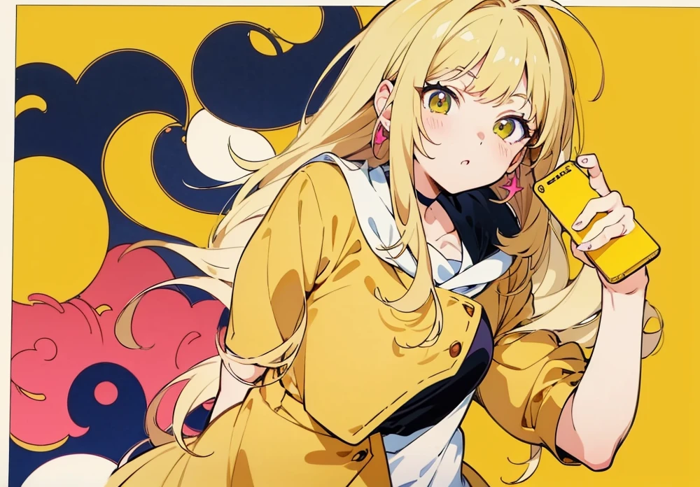 (best quality,highres),anime-style,beautiful girl holding a cell phone to her ear, clean anime-style outlines, dynamic anime pose, inspired by the art of Naka Bokunen, perfectly executed line work, vibrant colors, with a bright yellow background