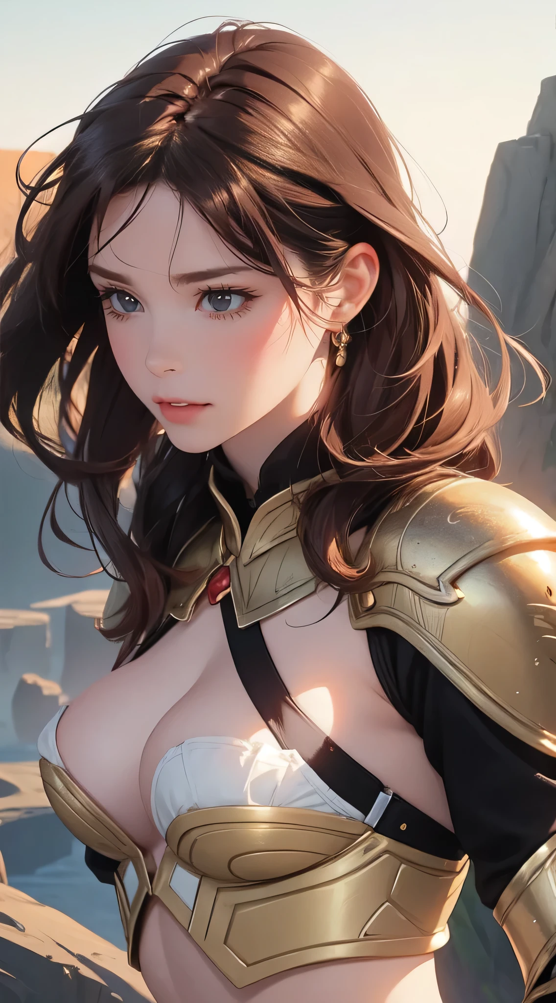 (Random Fighting Pose:1.2),Extreme close-up,movie scene,fantasy art,The highest image quality,ultra-realistic portrait,(8K),Super realism,best quality,high quality,High freshness,fine texture,advanced details,beautiful details,detailed breasts,Very detailed CG,fine texture,realistic facial expression,masutepiece,in front,dynamic,bold,1girl in,highlydetailed skin,curve,petite,beautiful breasts,Large breasts,pale skin,pointed chest,erect nipples,short hair,(super thin hair),(super soft hair),(ultra straight hair),long flowing bangs,very light coppery amber hair,hair above one eye,White armor