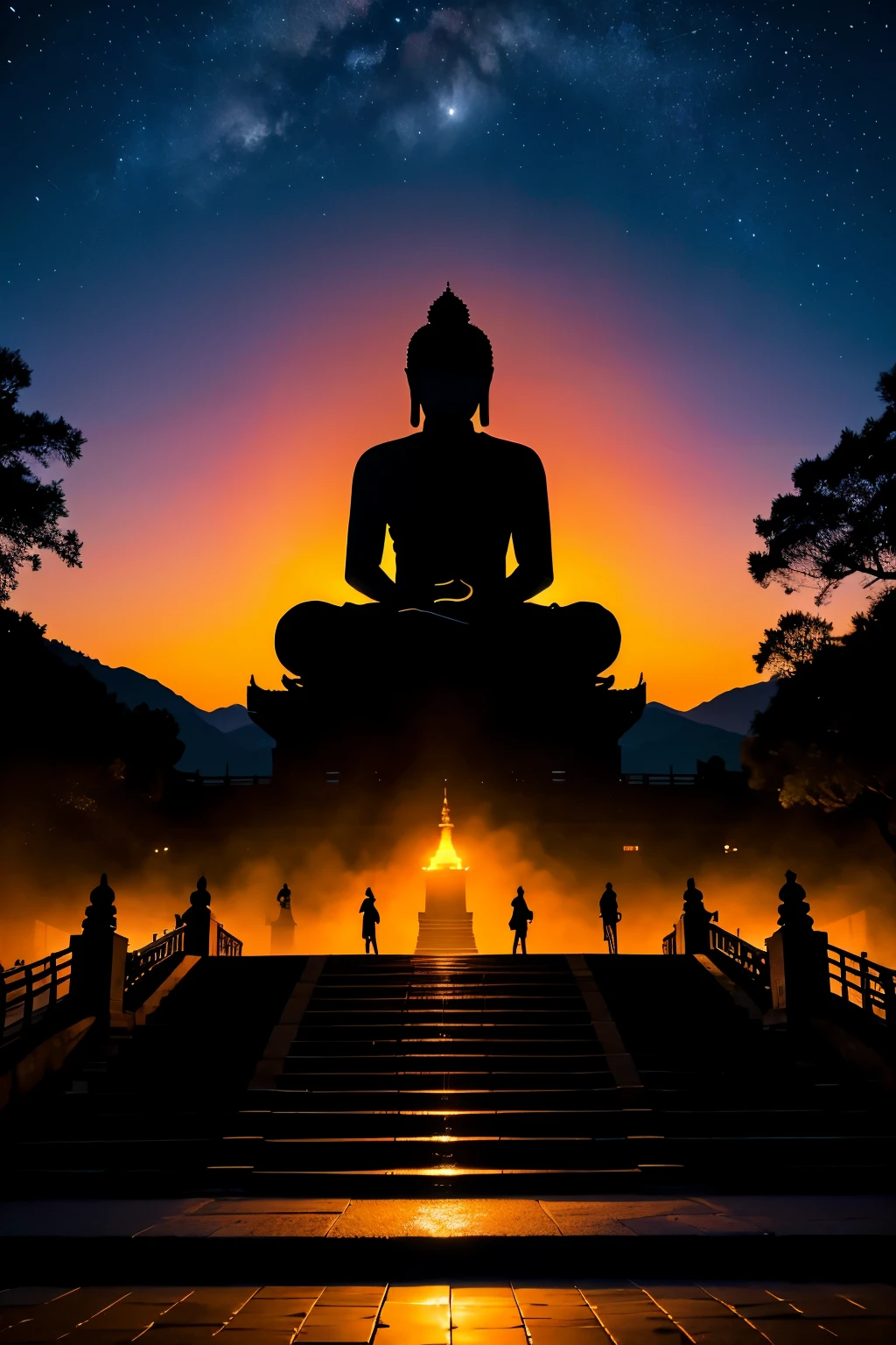 silhouette art,Big Buddha before sunrise,There are steps leading to it,silhouette art。artistic creativity1.37。