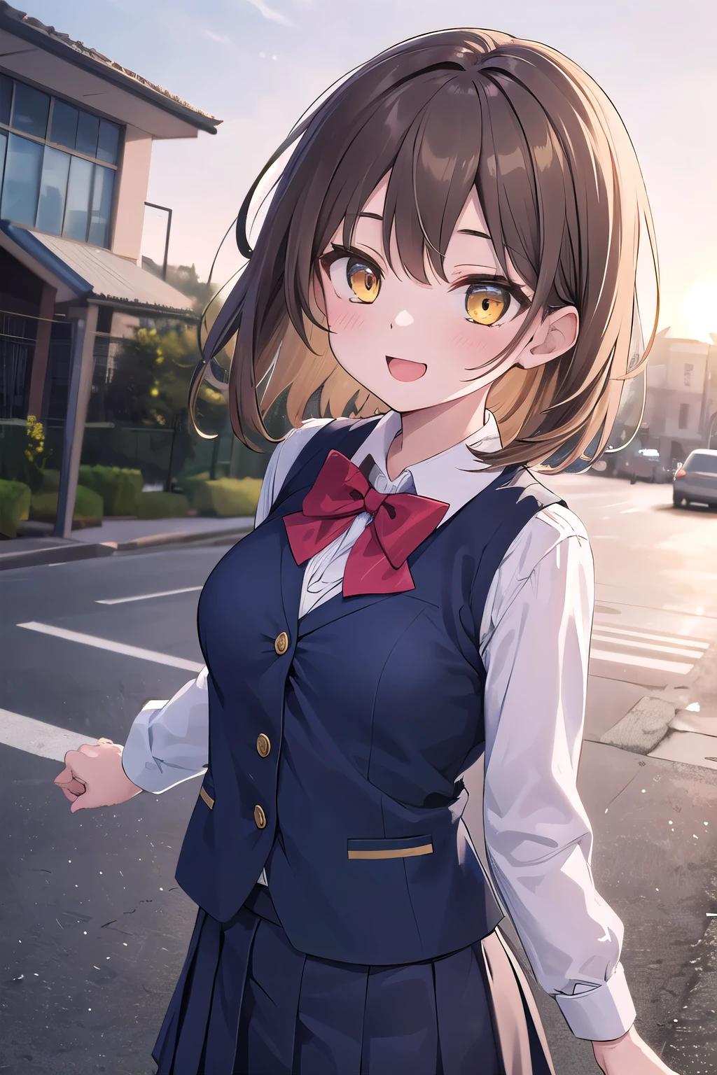 solo girl, 20 years old,fold your arms behind your back,walking,dynamic angle, medium hair, light brown hair, yellow eyes, medium breast, laugh, happy,red bowtie, pleated skirt, long sleeves shirt, vest, dark blue clothes, outdoors, school, Best Quality, High resolution, Extremely detailed, Detailed background, Perfect Lighting