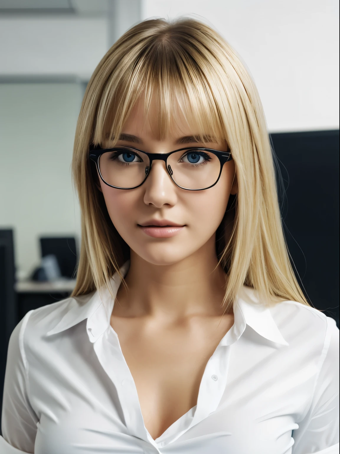 solo, girl, perfect face, nose, perfect eyes , blonde hair, bangs hairstyle, big breasts, wearing white shirt, two unbuttoned shirt, skirt, glasses on nose, half body view, office background , photorealistic, perfect lighting, cinematic image,