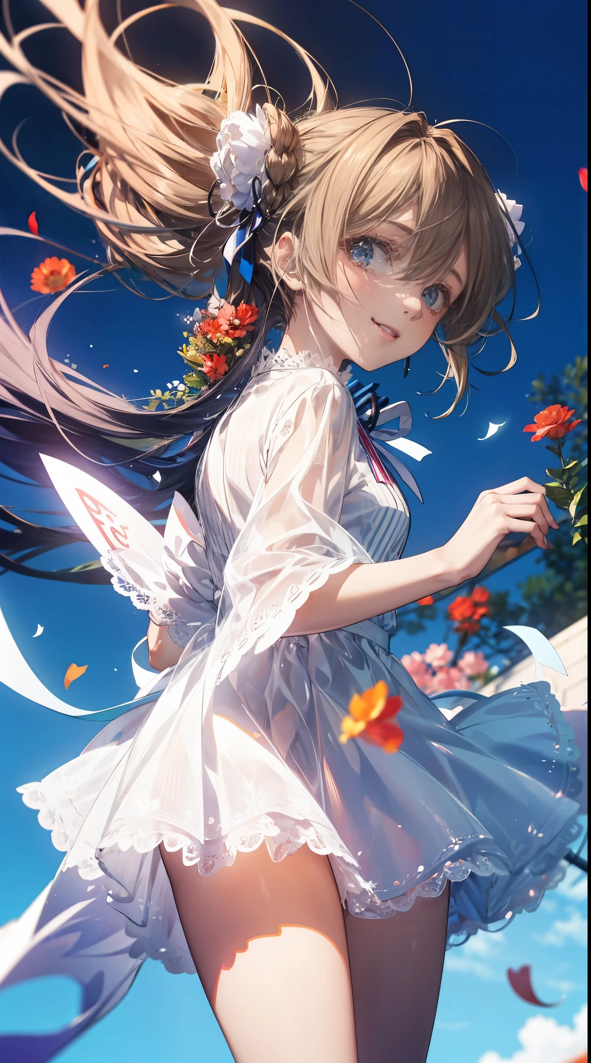 (masterpiece, top quality, RAW photo, ), brown hair, bun hairstyle, white lace dress, pink cardigan, ruby eyes, cowboy shot, thighs, beautiful girl, smile, (flower, many small petals dancing in the wind), flower garden, blue sky, staring at the viewer, incredibly absurd, face lighting, dynamic lighting, cinematic lighting, ultra-realistic, photographic, sharp focus, most detailed, highly detailed eyes and face