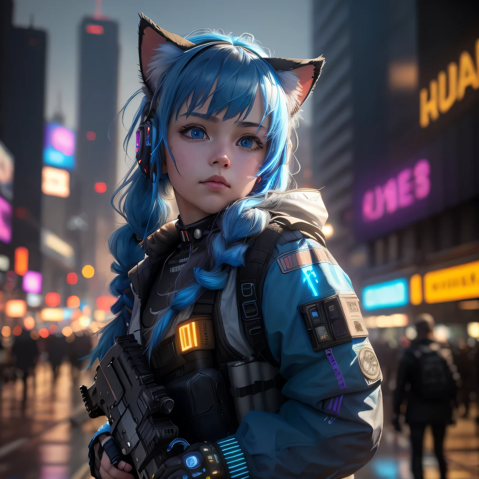 (8k, HDR, RAW photo, best quality, masterpiece:1.2, realistic lighting), Wide Angle Shot, a girl, , solo, holding a gun, long hair, blue hair, path traced hair, (blue cat ears), blue eyes, nice hands, babyface, beauty eyes, (cyberpunk:1.3), blue mecha armor, mechanical shoulder, neon light, edge lights, look up, upper body.