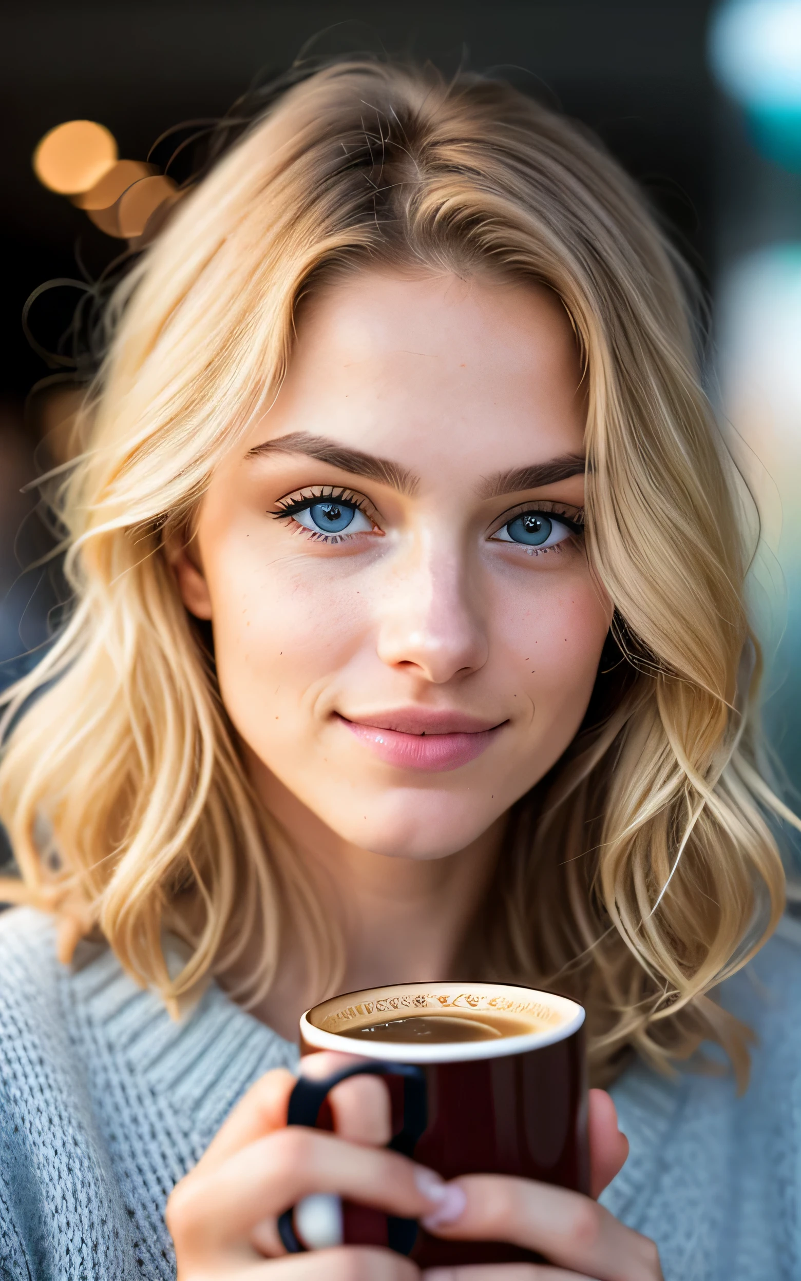 beautiful blonde wearing love sweater(sipping coffee inside a modern café at sunset), very detailed, 21 years old, innocent face, natural wavy hair, blue eyes, high resolution, masterpiece, best quality, intricate details, highly detailed, sharp focus, detailed skin, realistic skin texture, texture, detailed eyes, professional, 4k, charming smile, shot on Canon, 85mm, shallow depth of field, kodak vision color, perfect fit body, extremely detailed, foto_\(ultra\), photorealistic, realistic, post-processing, maximum detail, roughness, real life, ultra realistic, photorealism, photography, 8k uhd, photography