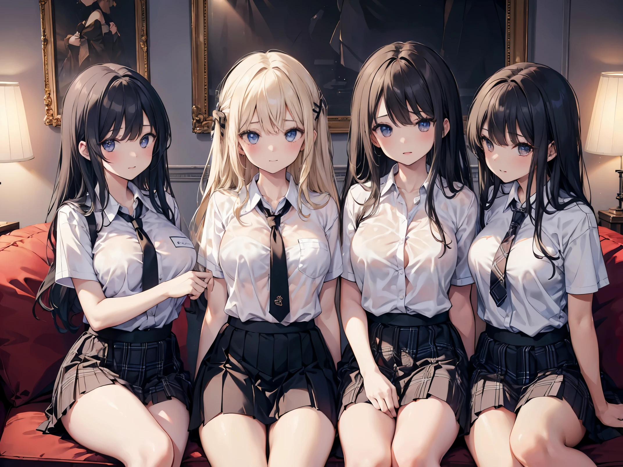 (NSFW), (((four girls))), (((girls group))), (((Group illustration))), (((side-by-side sitting))), ((from Front view)), (on large white bed), (in bedroom), ((Various expressions)), (night), (erotic girls), (sensual girls), (warm color scheme), (close-up girls), Extremely exquisite body, beautiful detailed glow, cinematic lighting, 4K illustration, masterpiece, best quality, by top artist, by famous artist, by plo artist, ((Highschool uniform girls)), (white shirt), (see-through), (short sleeves), (waist skirt), (Black plaid skirt), (((girls undressing shirt))), (((Half-naked girls)))