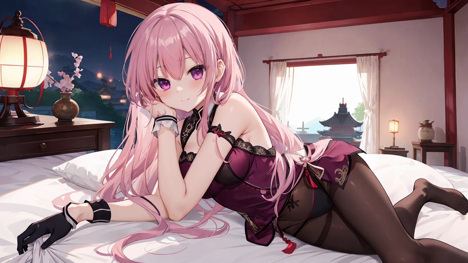 Chinese Ancient Architecture,night chinese background, solo,a girl,170cm height,45CM bust,pink hair,Purple eye,Black underwear,night,gentleness,ssmile, ((black pantyhose)),Indoors,on top of the bed,(((With bare armlack glove,With bare arms,mitsukasa ayase