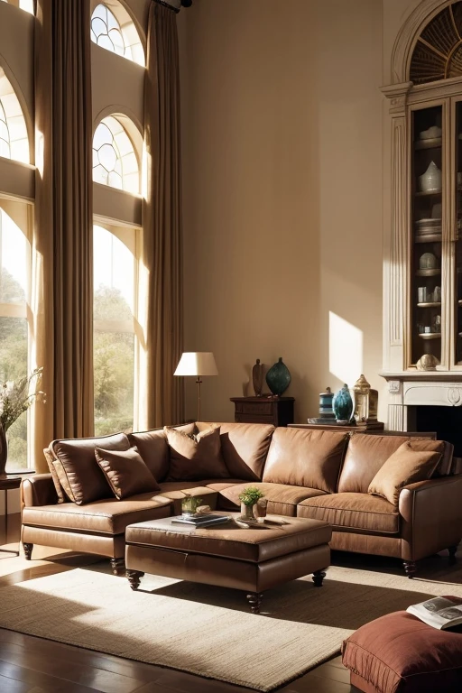 lounge with large l-shaped couch with scatter pillows, realistic, soft light evening light