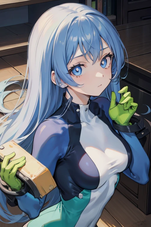 Nejirehadu, Nejire Wave, blue eyes, blue hair, long hair,
BREAK is blue body suit, body suit, Drill Hair, gloves, green body suit, multicolored body suit, multicolored clothes, yellow gloves,
BREAK is looking at viewer, whole body,
BREAK is indoors, swimming pools,
BREAK is (masutepiece:1.2), best quality, high resolution, unity 8k wallpaper, (illustration:0.8), (beautiful detailed eyes:1.6), extra detailed face, perfect writing, Highly detailed CG, (perfect hands, perfect anatomy),