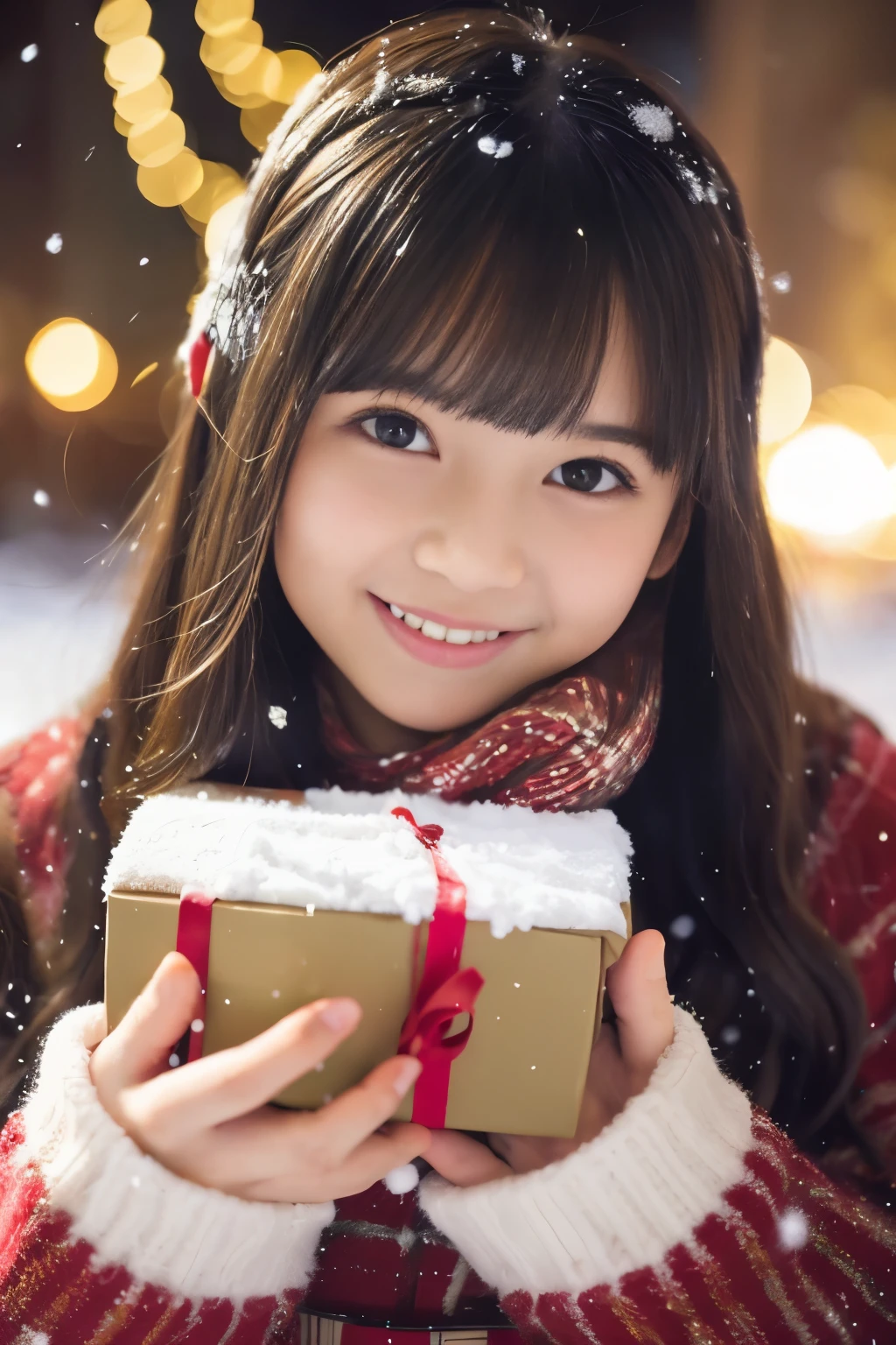 (best quality,Photorealistic,hight resolution),2girls,beautiful detailed eyes,beautiful detailed lips,a smile,laughing,Cute,Feel happy,having fun,Winters,Joyful,excited,Twinkling lights,Decorated Christmas Tree,clew,cosy atmosphere,Warm fireplace,magical moments,sparkling stars,Glowing candles,it's snowing,ground covered with soft snow,colorful holiday decorations,red and green colors,Elegant dresses,Fluffy scarves,Feel happy memories,cherish sisterhood,love and laughter、12-year-old sisters、a baby face、Childish、Looking at the camera、Present Box、