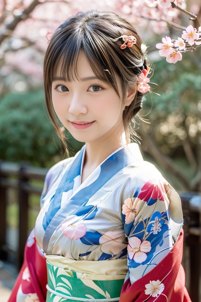 1girl in,(Full body shot from a distance:1.4),panorama,cowboy shot,is standing,watching at viewers,canon 20f/5.6,wears an ornament on the head,(Hairpin,colorful kimono,red kimono,Kimono with a gorgeous and elegant pattern,highest grade obi,Kyo Yuzen kimono,Kimono dyed by Kyotomo,Furisode,Japanese style floral pattern:1.5),January,There'There'There's a little snow left,best quality,In 4K,8K,hight resolution,masutepiece:1.2,reality,anatomically correct,Use natural light and color,ultra-realistic capture, Highly detailed,人間の皮膚のhight resolution16kクローズアップ,Skin texture must be natural, Enough detail to finely identify pores. skin should look healthy,fine white skin,(medium breasts),with an even tone,Super detailed,highly detailed eyes and face,beautiful detailed eyes,Beautiful detailed lips,long eyelashes,Photorealistic:1.37,Japanese,beautiful and magnificent composition,masutepiece,Attractive,Cute,silky smooth hair,A smile,(silver hair color),(With a round face)