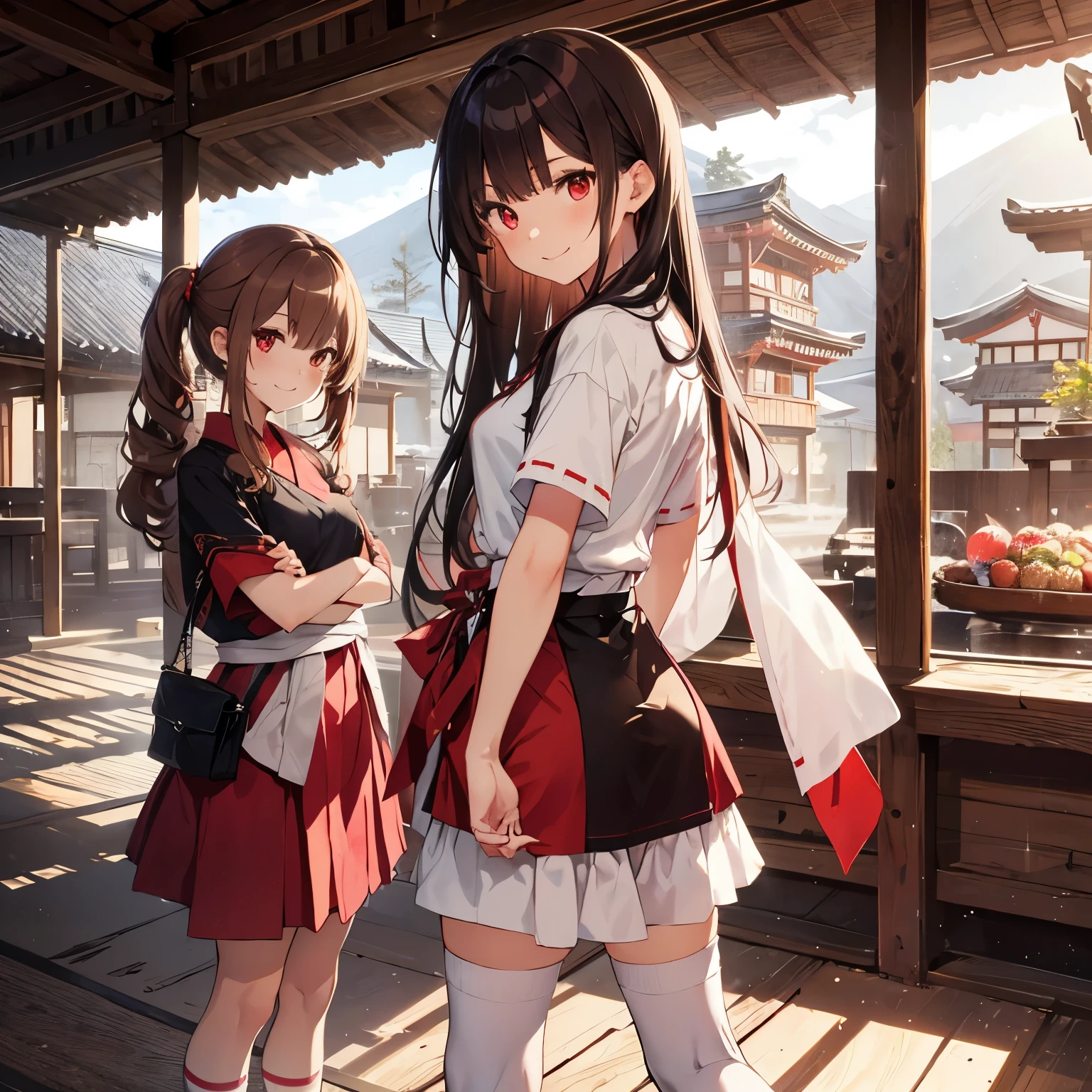 two miko with long hair and standing in front of a fujiyama, 2girls, derak hair, red eyes, brown hair, smile, looking at viewer, short sleeves, over knee socks