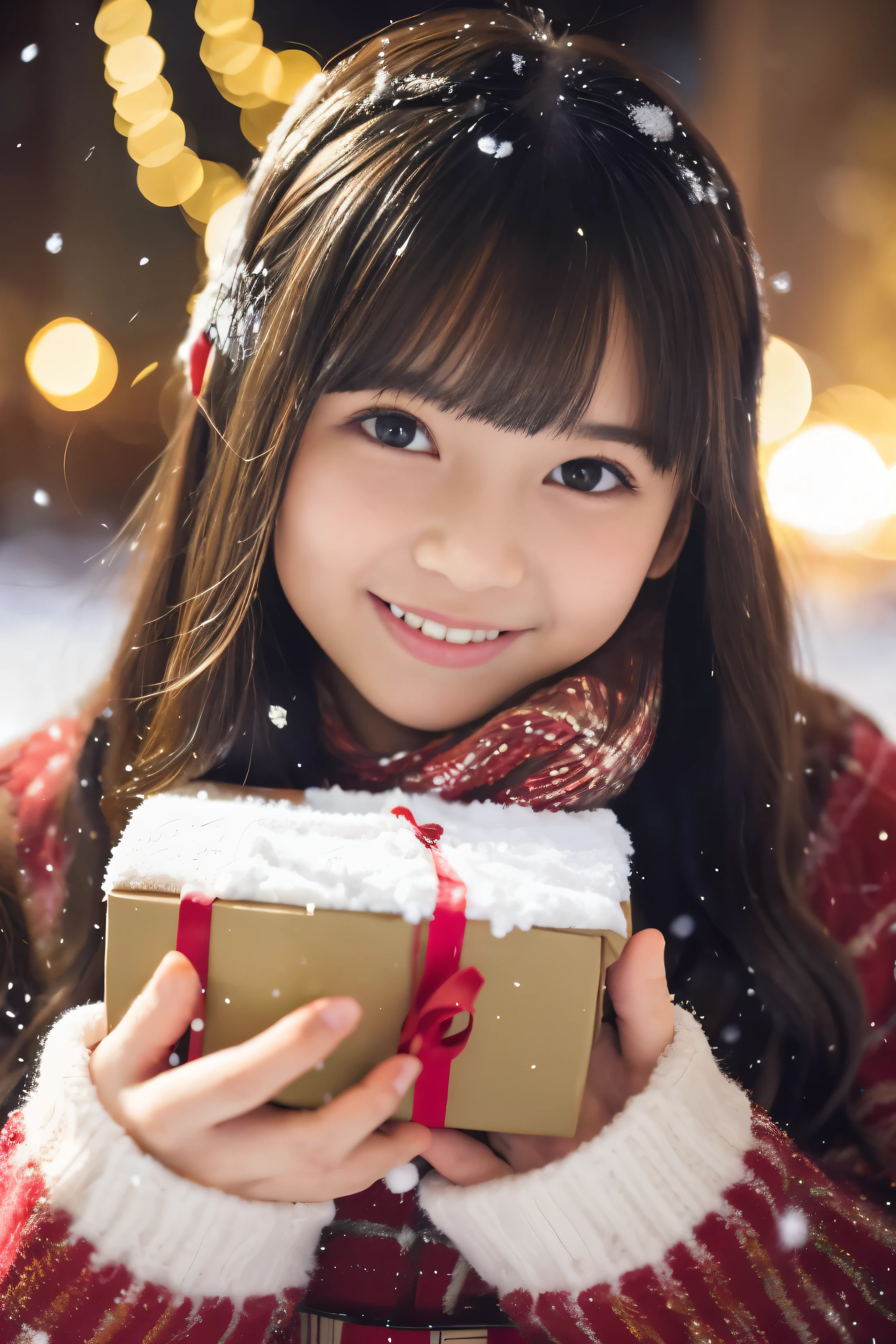 (best qualthaty,Photorealistic,hight resolution),2 girls,beautiful detailed eyes,beautiful detailed lips,A smile,laughing,Cute,happy,having fun,Winters,Joyful,excthated,Twinkling lights,Decorated Christmas Tree,clew,cosy atmosphere,Warm fireplace,magical moments,sparkling stars,Glowing candles,that'It's snowing,ground covered wthath soft snow,colorful holiday decorations,red and green colors,Elegant dresses,Fluffy scarves,happy memories,cherish sisterhood,love and laughter、12-year-old sisters、a baby face、Childish、Looking at the camera、Present Box、