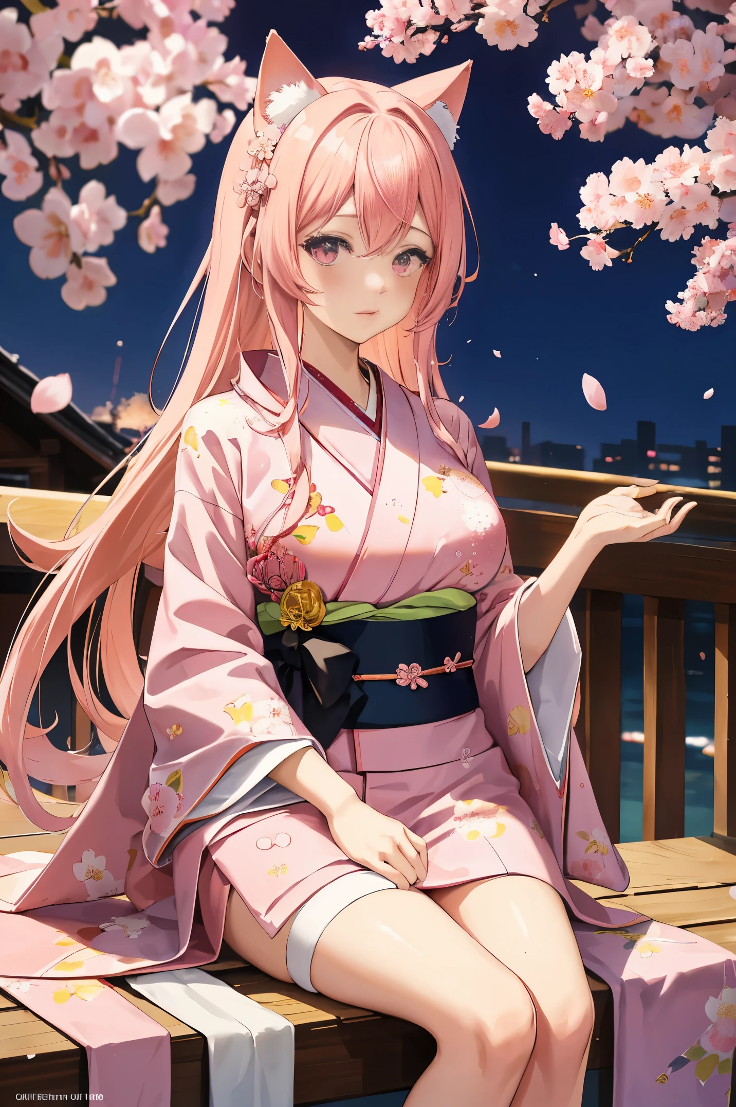 "anime girl, 1 person, pink hair, pink cat ears, pink eyes, kimono, cherry pink kimono, cherry blossom petal pattern on shirt, long stockings, big breasts, festival, New Year's Eve fireworks, watching fireworks, night, solo, looking from different directions, standing cross-legged. (full HD 4K+ image)"