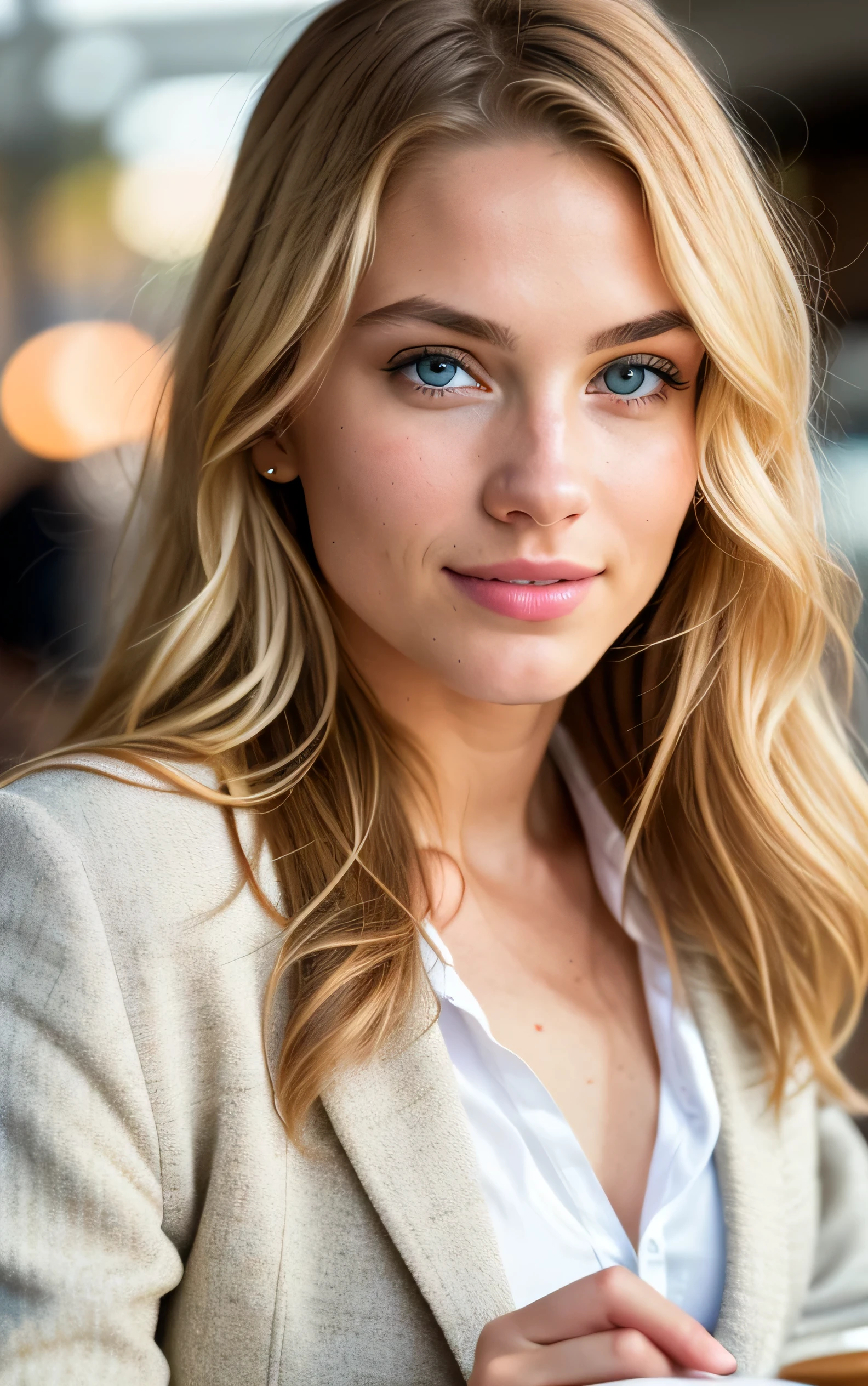 beautiful blonde wearing cream blazer (sipping coffee inside a modern café at sunset), very detailed, 21 years old, innocent face, natural wavy hair, blue eyes, high resolution, masterpiece, best quality, intricate details, highly detailed, sharp focus, detailed skin, realistic skin texture, texture, detailed eyes, professional, 4k, charming smile, shot on Canon, 85mm, shallow depth of field, kodak vision color, perfect fit body, extremely detailed, foto_\(ultra\), photorealistic, realistic, post-processing, maximum detail, roughness, real life, ultra realistic, photorealism, photography, 8k uhd, photography