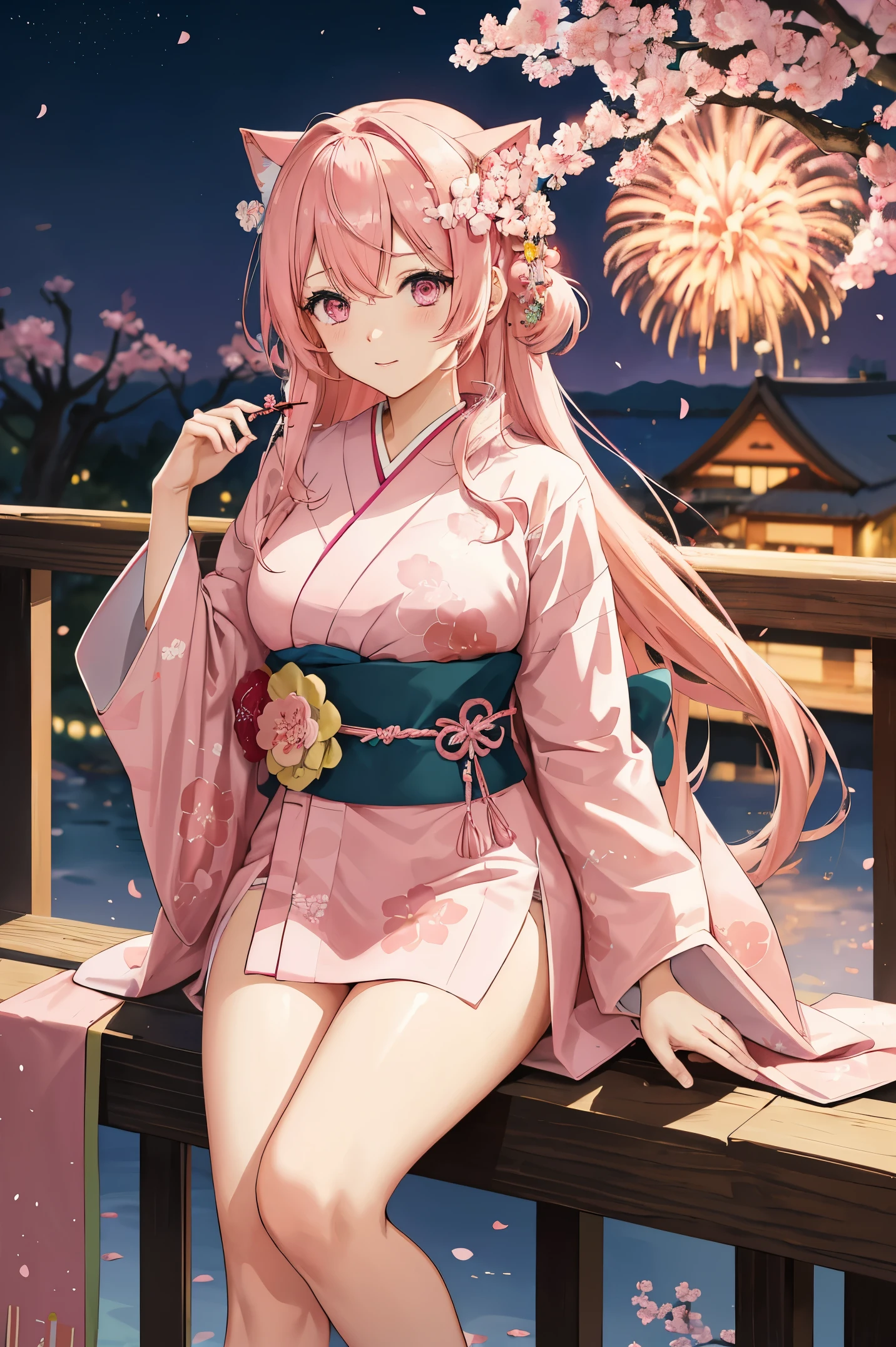 "anime girl, 1 person, pink hair, pink cat ears, pink eyes, kimono, cherry pink kimono, cherry blossom petal pattern on shirt, long stockings, big breasts, festival, New Year's Eve fireworks, watching fireworks, night, solo, looking from different directions, standing cross-legged. (full HD 4K+ image)"