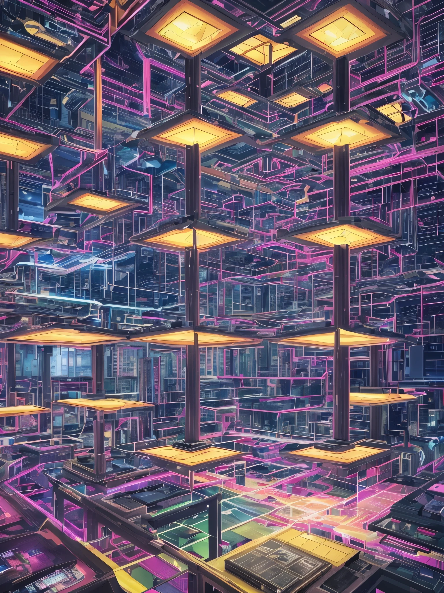 Think of a fusion between an advanced control center of the reincarnation and a multi-layered of the '18 levels of Hell'. The dramatic lights reflect off the sleek glass and cold steel structures, creating compelling shadows. The augmented reality interface pulsates with streams of cryptic data transferring between the layers. This computational hub operates tirelessly to manage the complex reincarnation process, generating an emotional connection that's provocative, objectives contrasting against the somber ambiance of the abstract environment. --auto --s2