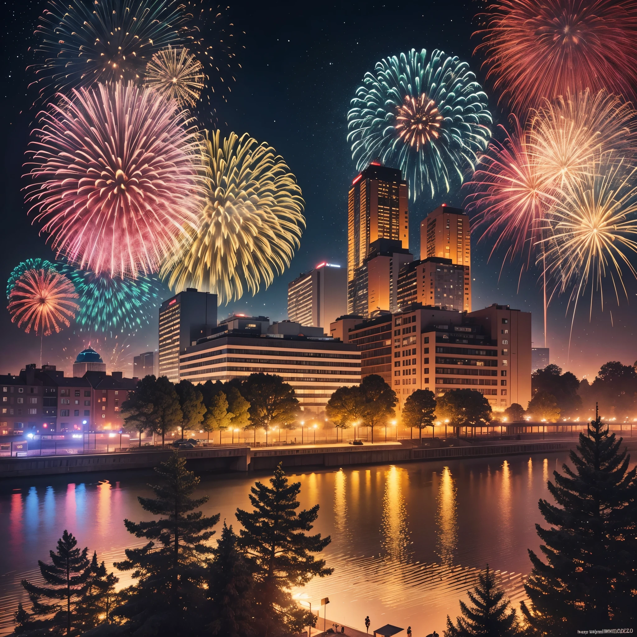 A magnificent firework display unfolds in the festive night sky above Bochum, bathing the city skyline in a sparkling spectacle. The impressive skyline forms an impressive backdrop for numerous people who welcome in the New Year together. "Happy New Year 2024" is written in glowing letters and blends harmoniously into the glamorous atmosphere of this special moment.  --auto --s2
