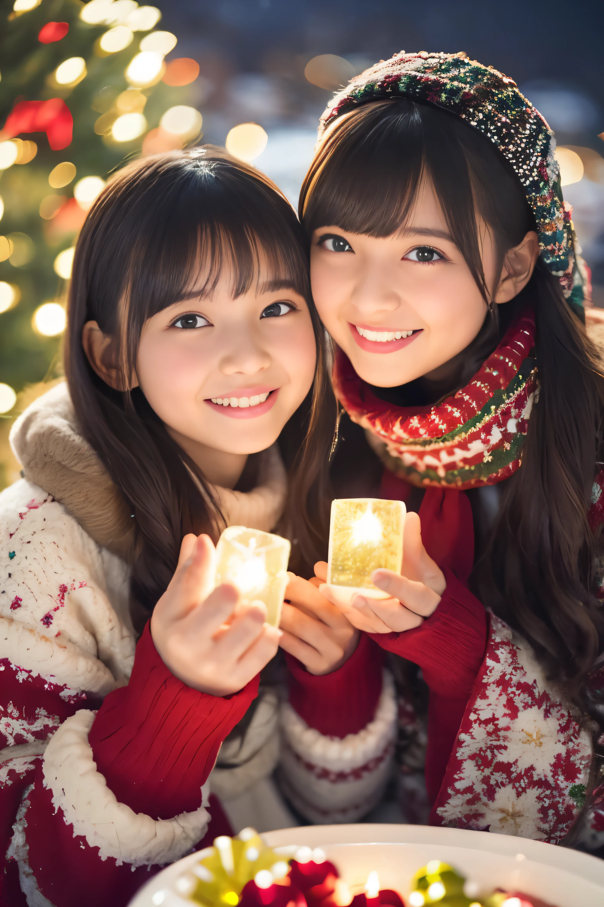 (best qualthaty,Photorealistic,hight resolution),2 girls,beautiful detailed eyes,Beautiful detailed lips,A smile,laughing,Cute,happy,having fun,Winters,Joyful,excthated,Twinkling lights,Decorated Christmas Tree,clew,cosy atmosphere,Warm fireplace,magical moments,sparkling stars,Glowing candles,that'It's snowing,ground covered wthath soft snow,colorful holiday decorations,red and green colors,Elegant dresses,Fluffy scarves,happy memories,cherish sisterhood,love and laughter、12-year-old sisters、a baby face、Childish、Looking at the camera、Present Box、