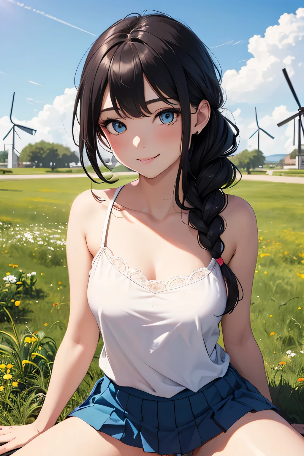 very cute and beautiful girl,(very detailed美しい顔と目:1.2), white camisole,Wariza sitting down,spread your legs,White panties,dynamic angle break (shy smile),Feel happy,watching at viewers,(blue pleated mini skirt:1.2), rural area,grassland,top of the hill,small colorful flowers,windmill in the distance,A dark-haired,twin blade, (best quality,masutepiece:1.2),elaborate details,Super detailed,very detailed,hight resolution, solo,Beautiful detailed sky,