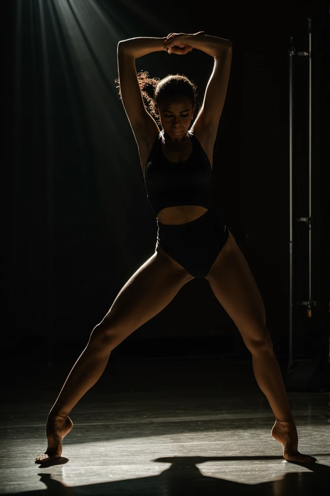 “Portrait of a professional dancer expressing emotion through movement, with dramatic lighting.”