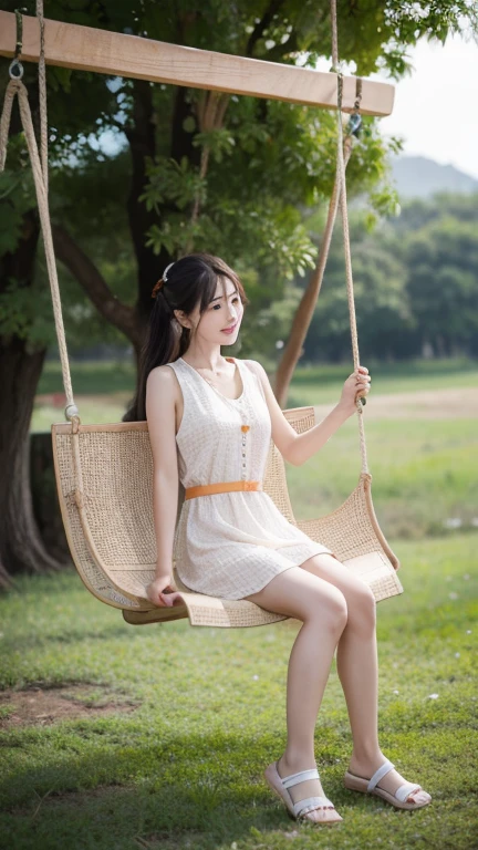 Sit on the swing and swing for a few times. Hao Xiumei and Maitian are a girl who is relatively light.,There are dry orange stalks around for harvesting wheat.,