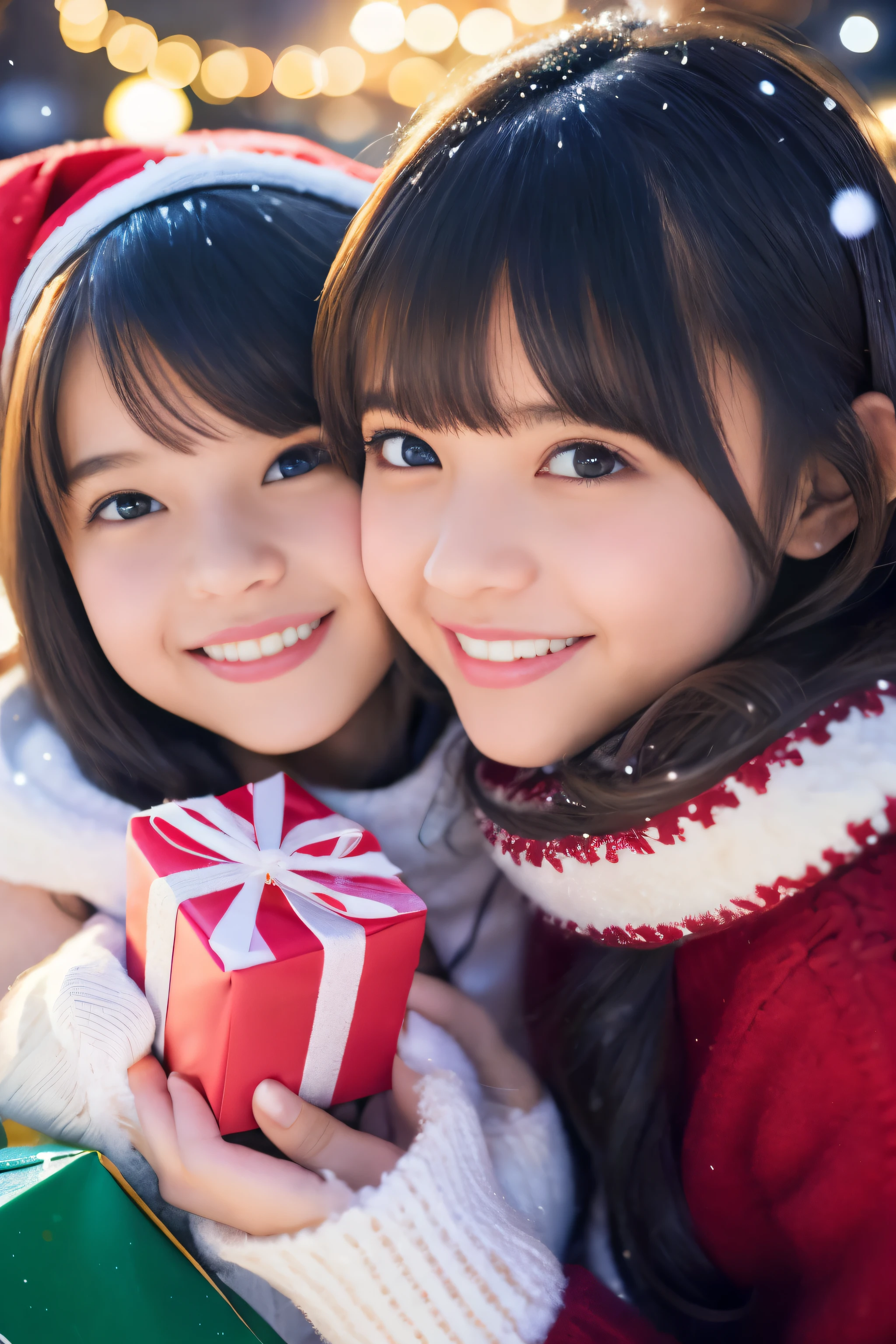 (best qualthaty,Photorealistic,hight resolution),2 girls,beautiful detailed eyes,beautiful detailed lips,A smile,laughing,Cute,happy,having fun,Winters,Joyful,excthated,Twinkling lights,Decorated Christmas Tree,clew,cosy atmosphere,Warm fireplace,magical moments,sparkling stars,Glowing candles,that'It's snowing,ground covered wthath soft snow,colorful holiday decorations,red and green colors,Elegant dresses,Fluffy scarves,happy memories,cherish sisterhood,love and laughter、12-year-old sisters、a baby face、Childish、Looking at the camera、Present Box、