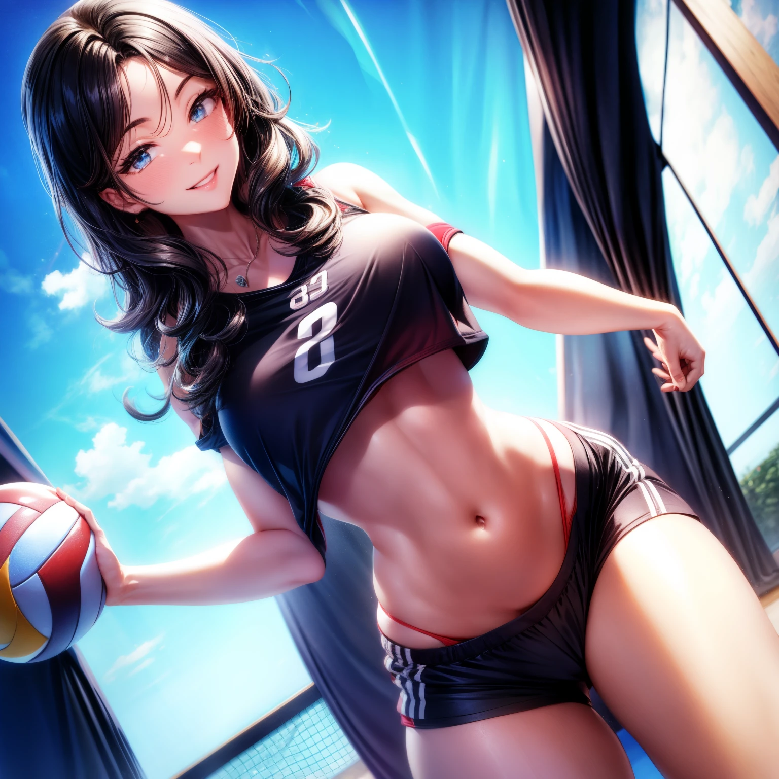 （8K ，Ultra-detailed，ultra real photo，Best masterpiece，natural，Perfect artwork，Perfect female body），Sexy female volleyball player、short black wavy hair、super fit volleyball uniform、low chest，Open collar，Wear volleyball shorts、an sexy、ssmile、Sexy pose on volleyball court，humongous large breast，，Beautiful long legs，Tall figure，full-body shot，